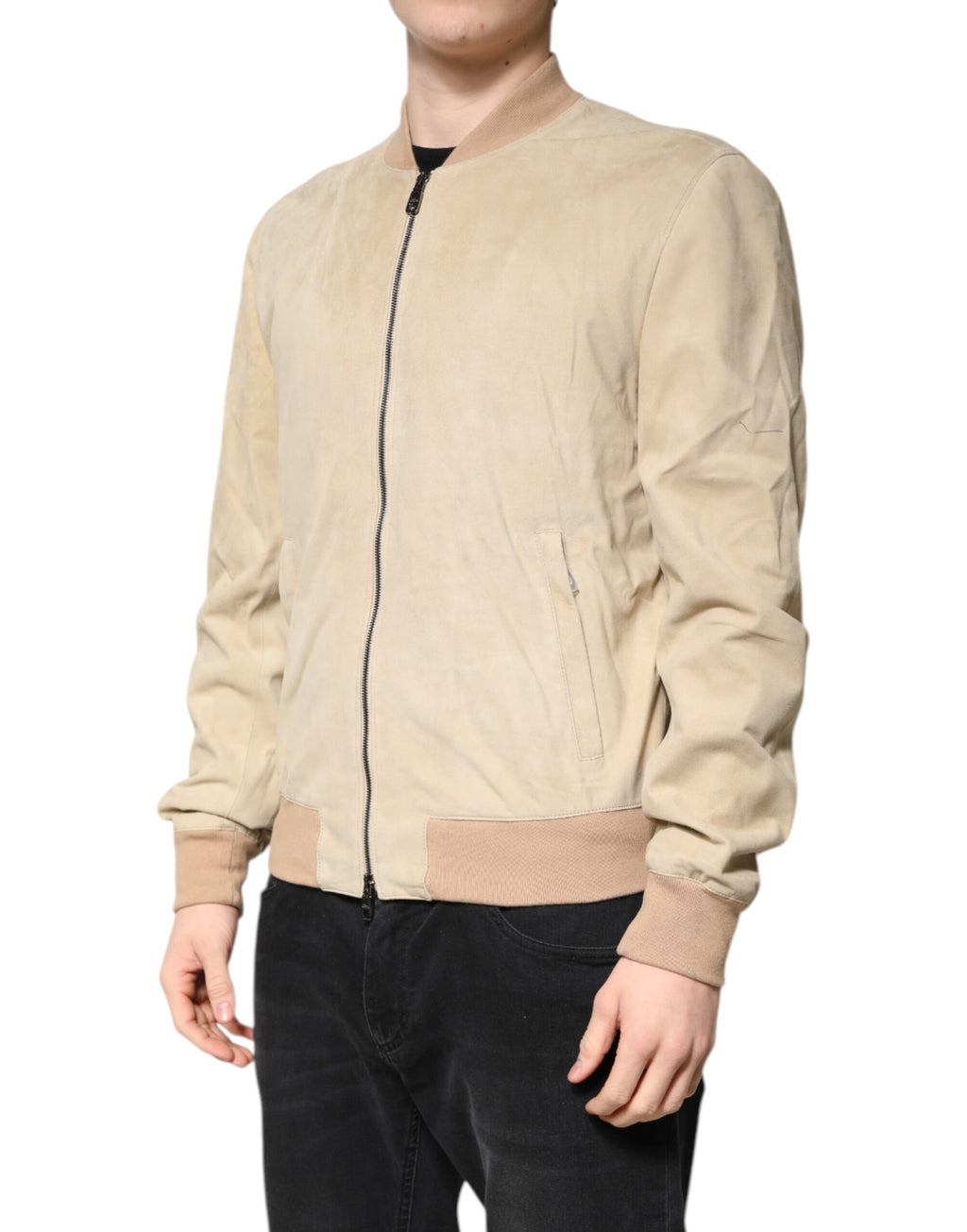 Dolce & Gabbana Beige Lammfell Full Zip Männer Bomberjacke