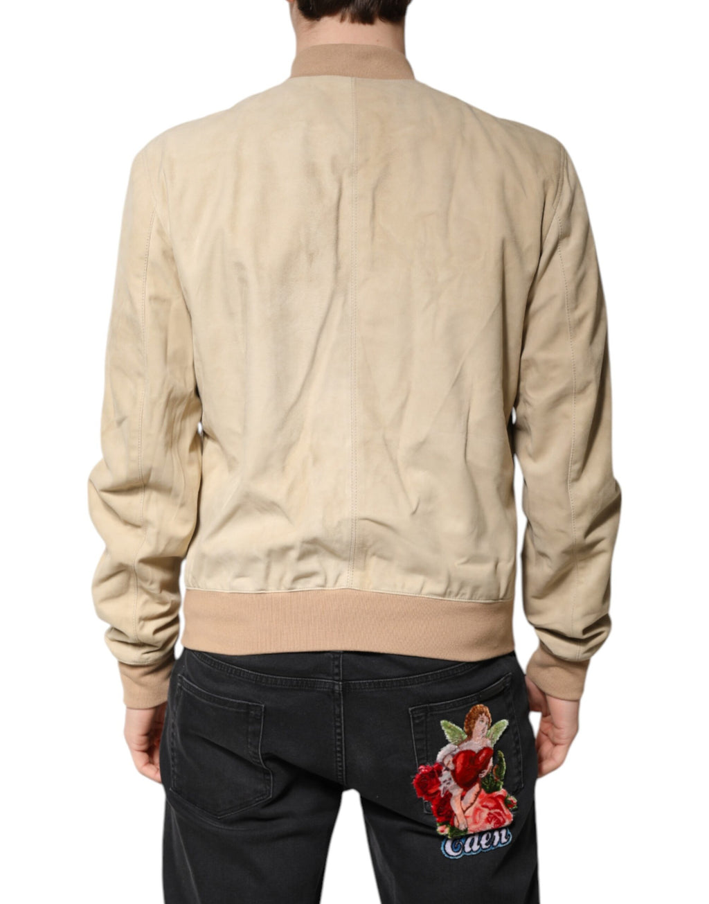 Dolce & Gabbana Beige Lammfell Full Zip Männer Bomberjacke