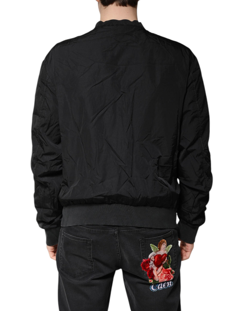 Dolce & Gabbana Schwarze Nylon-Logo-Bomberjacke mit durchgehendem Reißverschluss