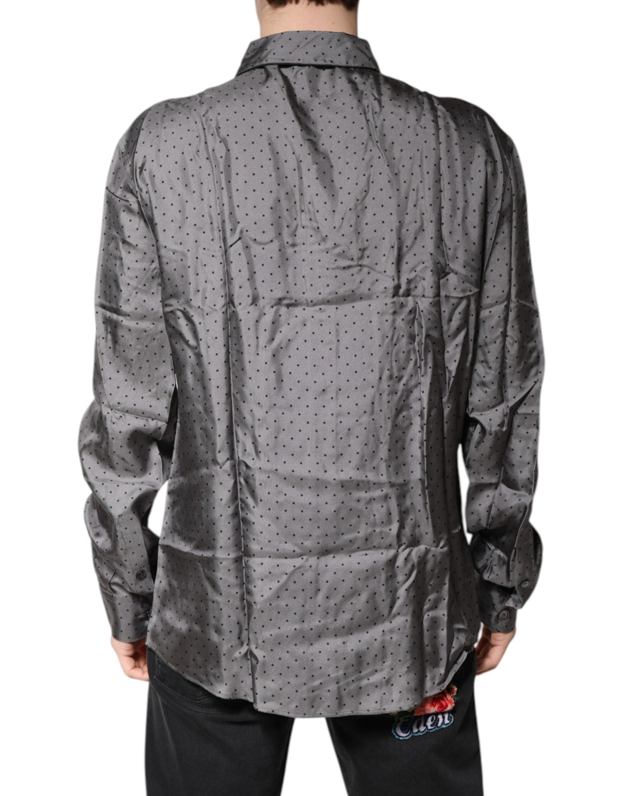 Dolce & Gabbana Graues gepunktetes Seidenhemd mit langen Ärmeln