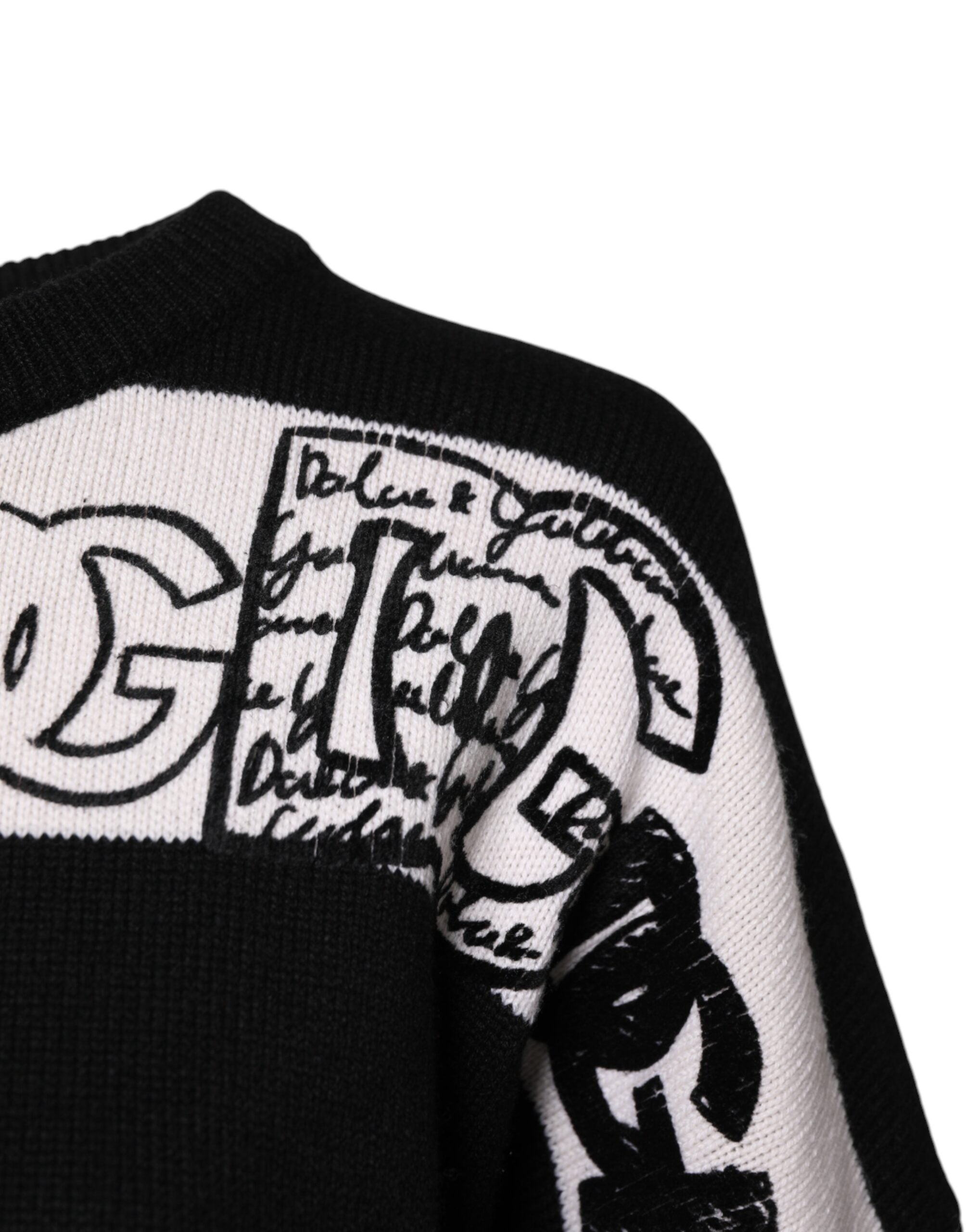 Dolce & Gabbana Schwarzer weißer Wollpullover mit Logodruck