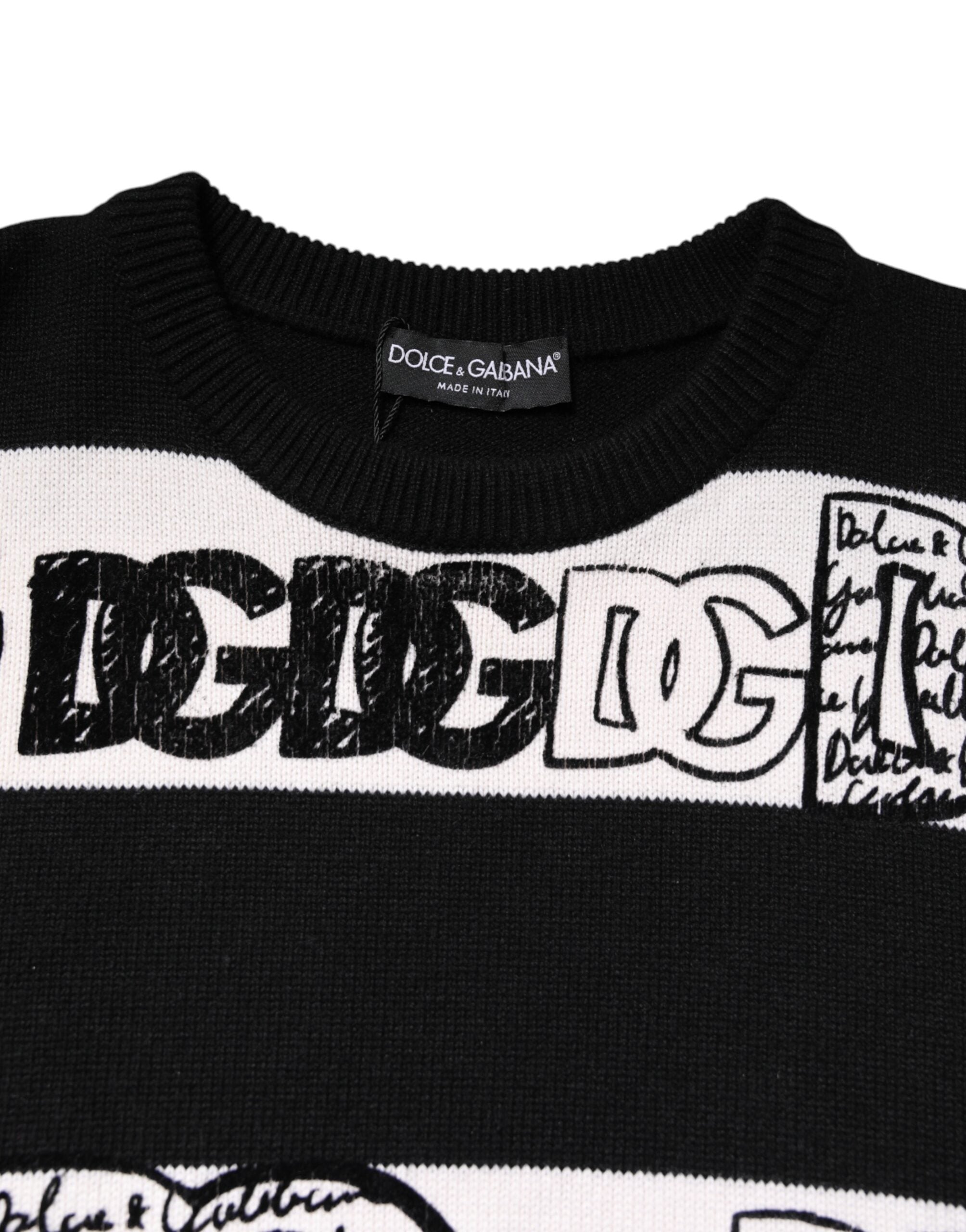 Dolce & Gabbana Schwarzer weißer Wollpullover mit Logodruck