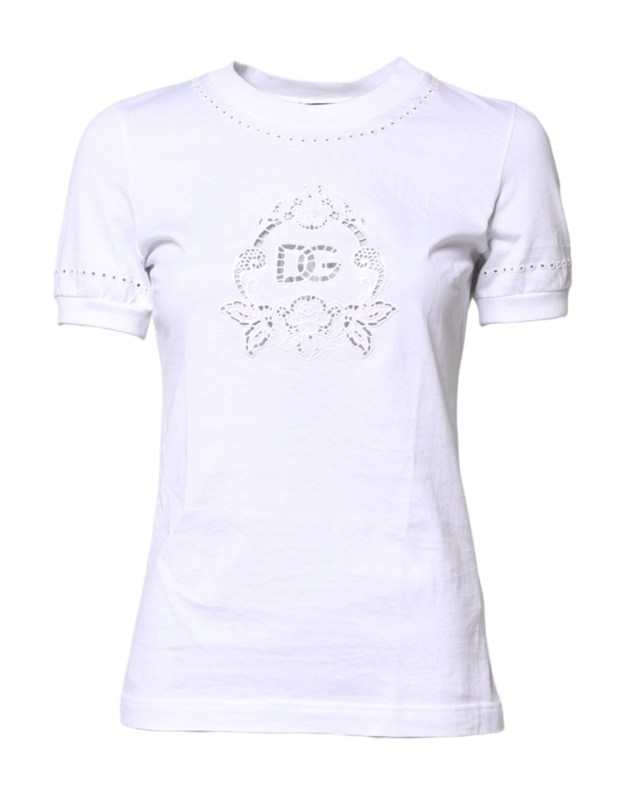 Dolce & Gabbana Weißes T-Shirt mit geblümtem Logo und Rundhalsausschnitt aus Baumwolle
