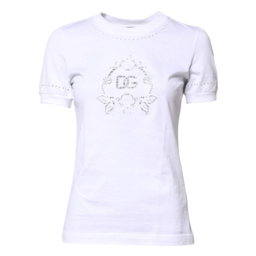 Dolce & Gabbana Weißes T-Shirt mit geblümtem Logo und Rundhalsausschnitt aus Baumwolle