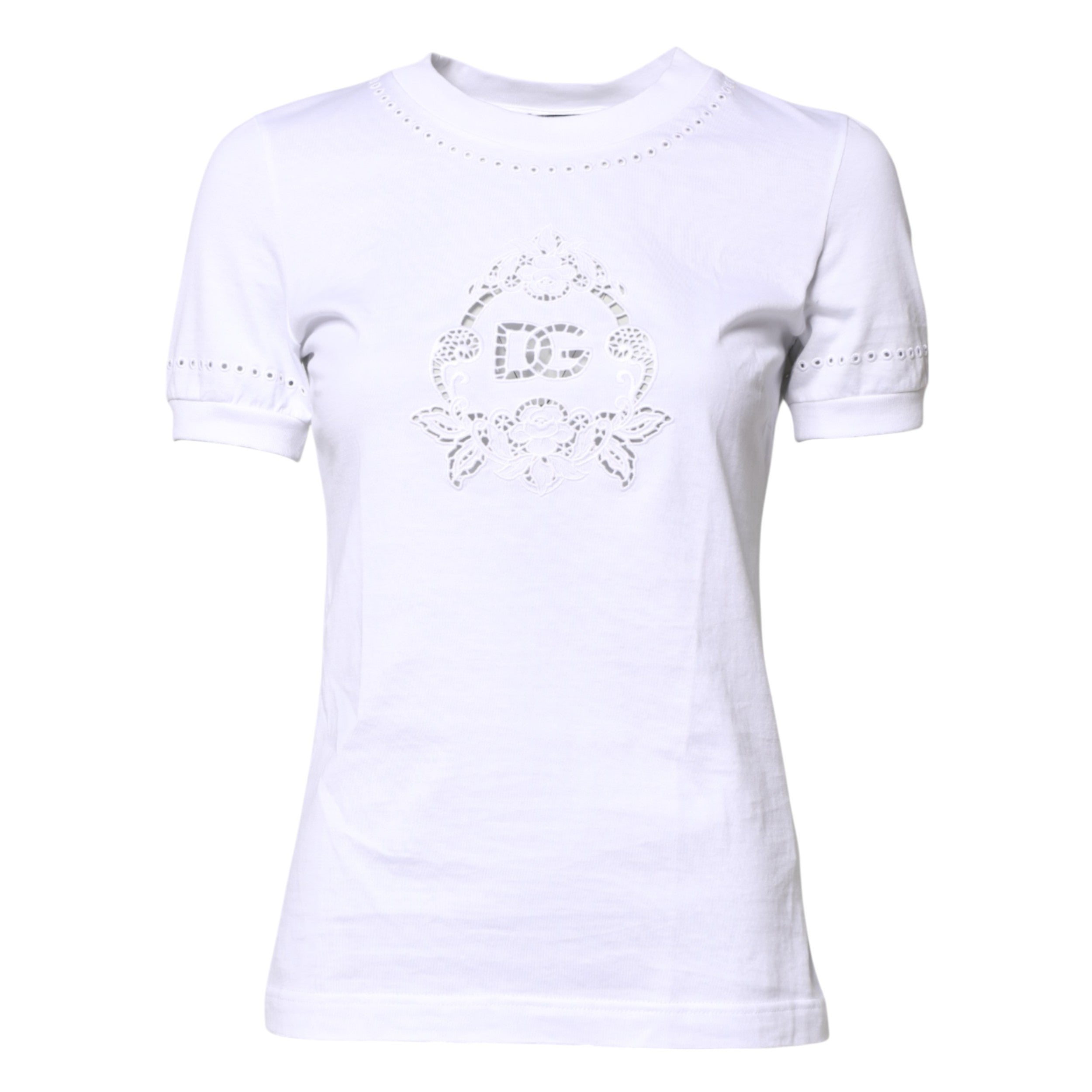 Dolce & Gabbana Weißes T-Shirt mit geblümtem Logo und Rundhalsausschnitt aus Baumwolle