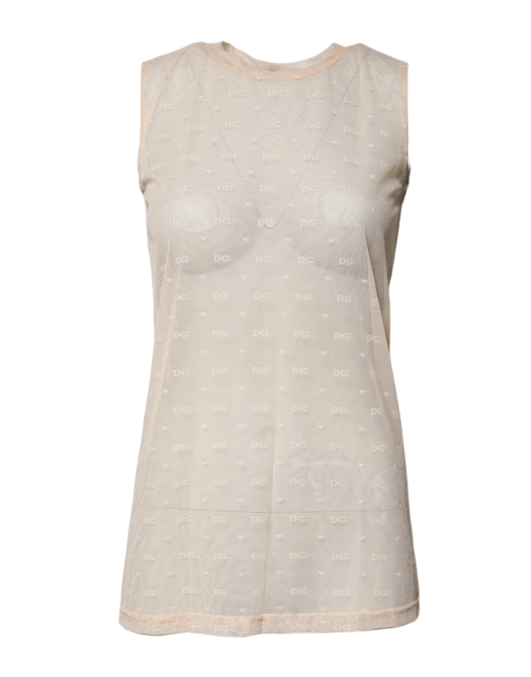 Dolce & Gabbana Elfenbeinfarbenes Nylon-Logo, ärmelloses Tank-Top