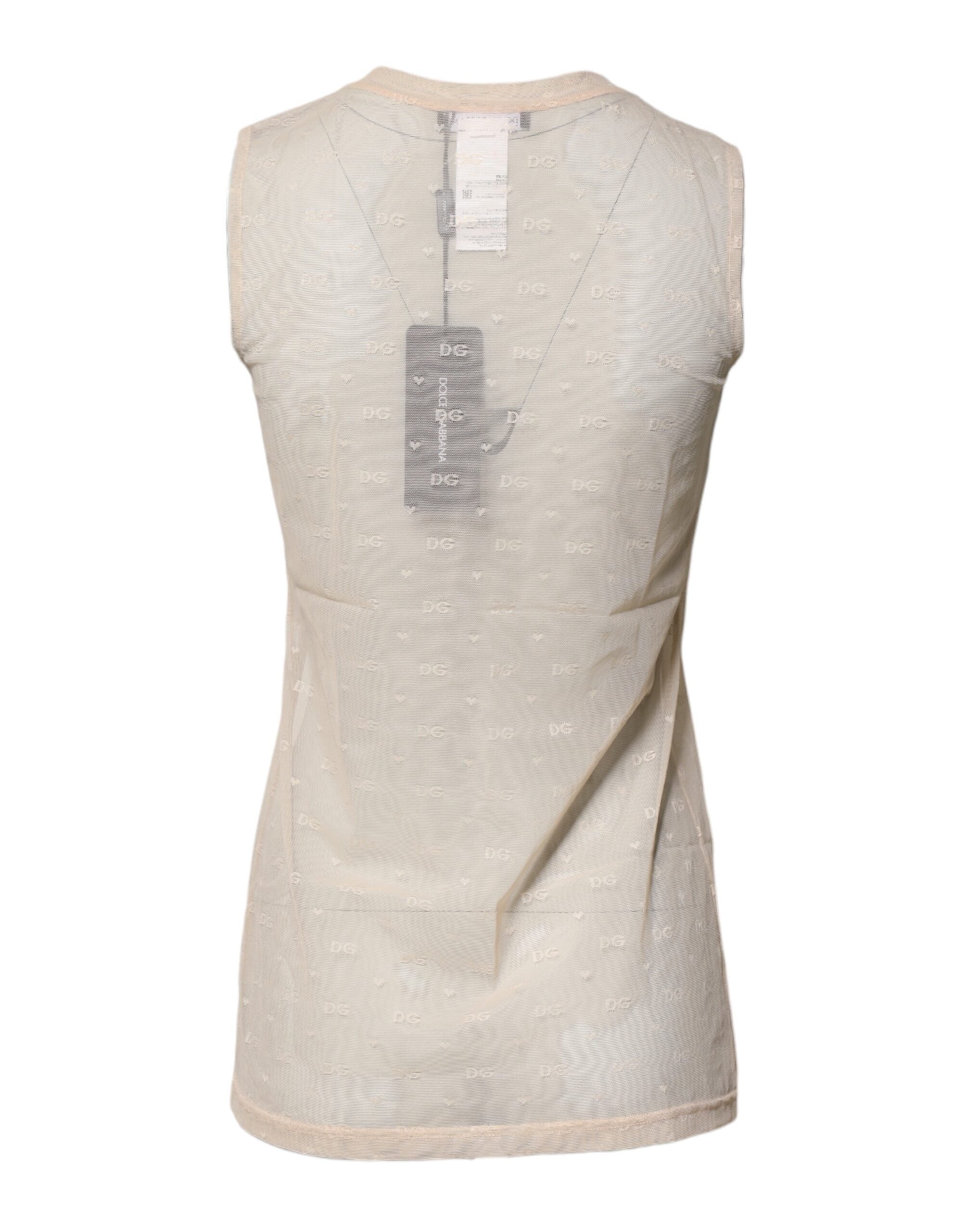 Dolce & Gabbana Elfenbeinfarbenes Nylon-Logo, ärmelloses Tank-Top