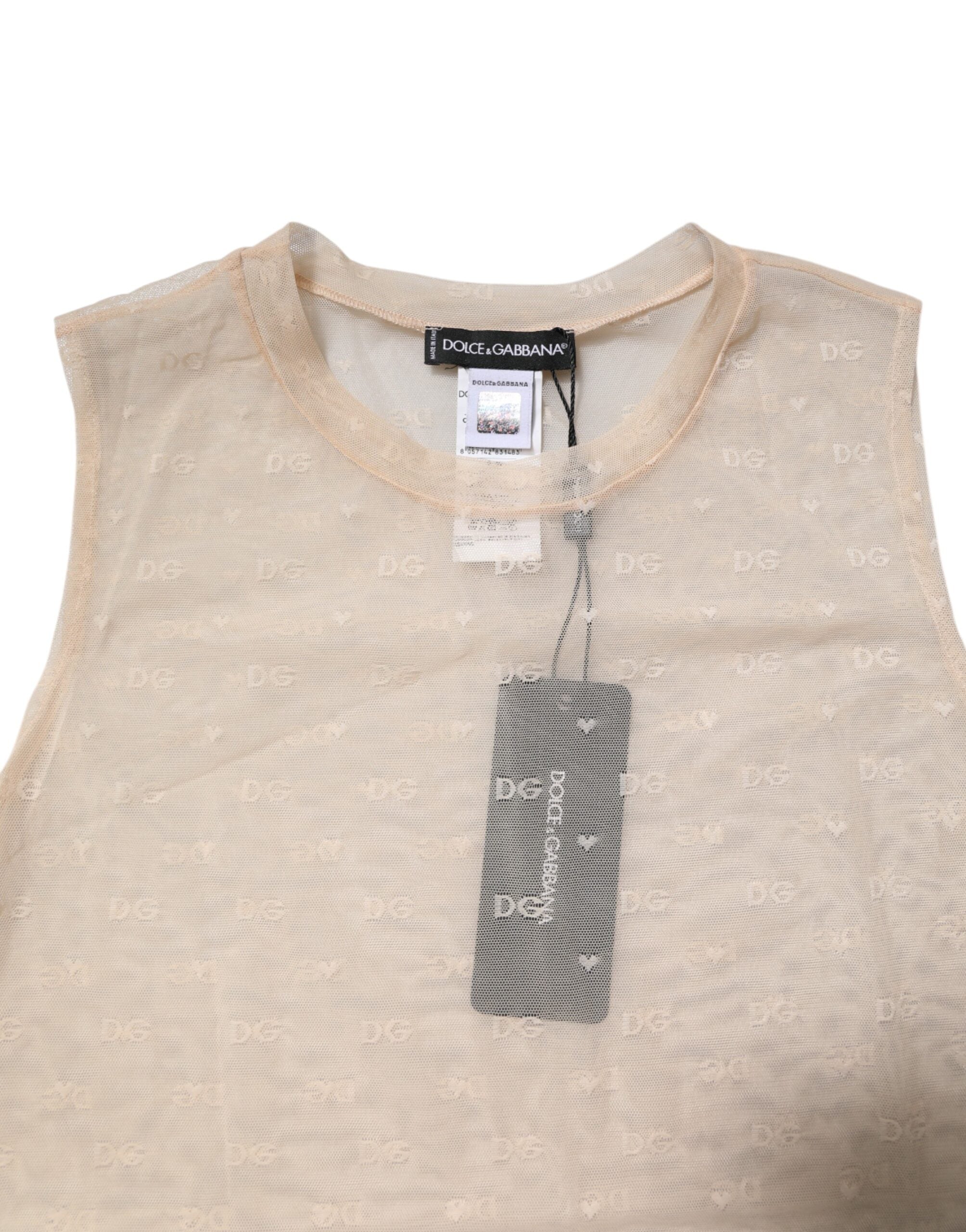 Dolce & Gabbana Elfenbeinfarbenes Nylon-Logo, ärmelloses Tank-Top