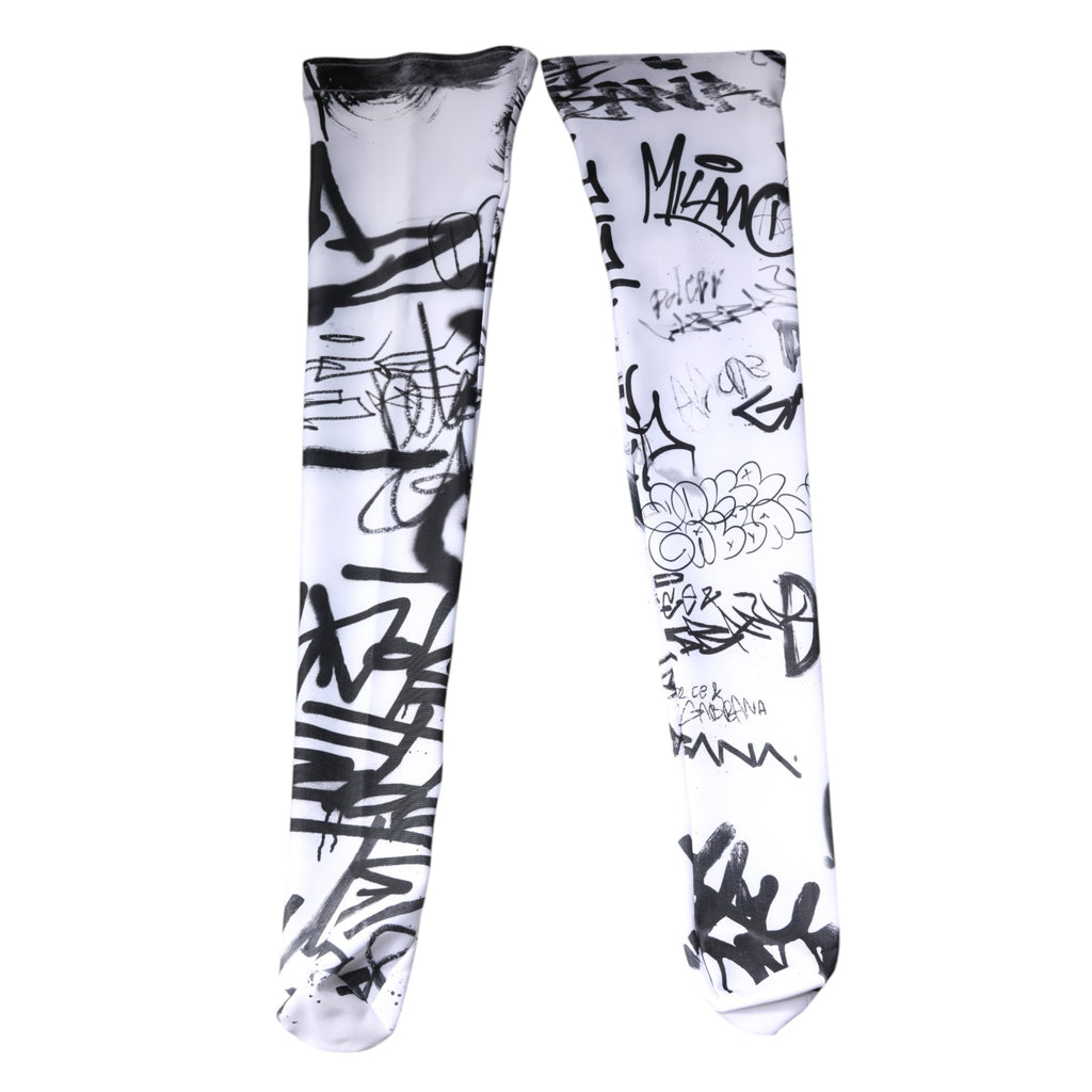Dolce & Gabbana Weiße Graffiti-Baumwollstrümpfe über der Wade Socken