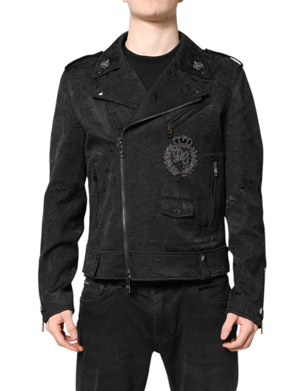 Dolce & Gabbana Schwarze Brokat-Baumwoll-Bikerjacke mit durchgehendem Reißverschluss