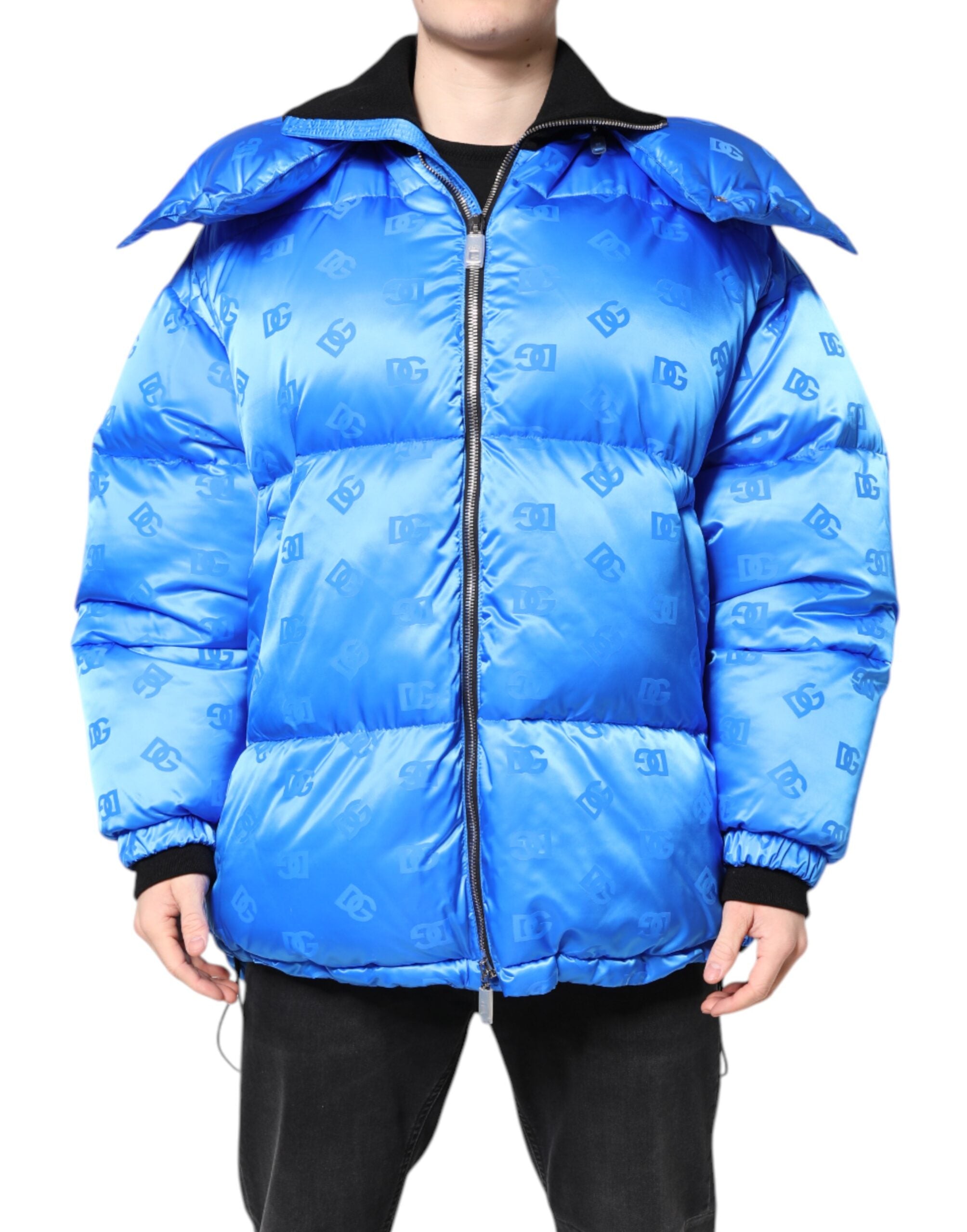 Dolce & Gabbana Blaue Logo-Steppjacke mit Kapuze und Reißverschluss