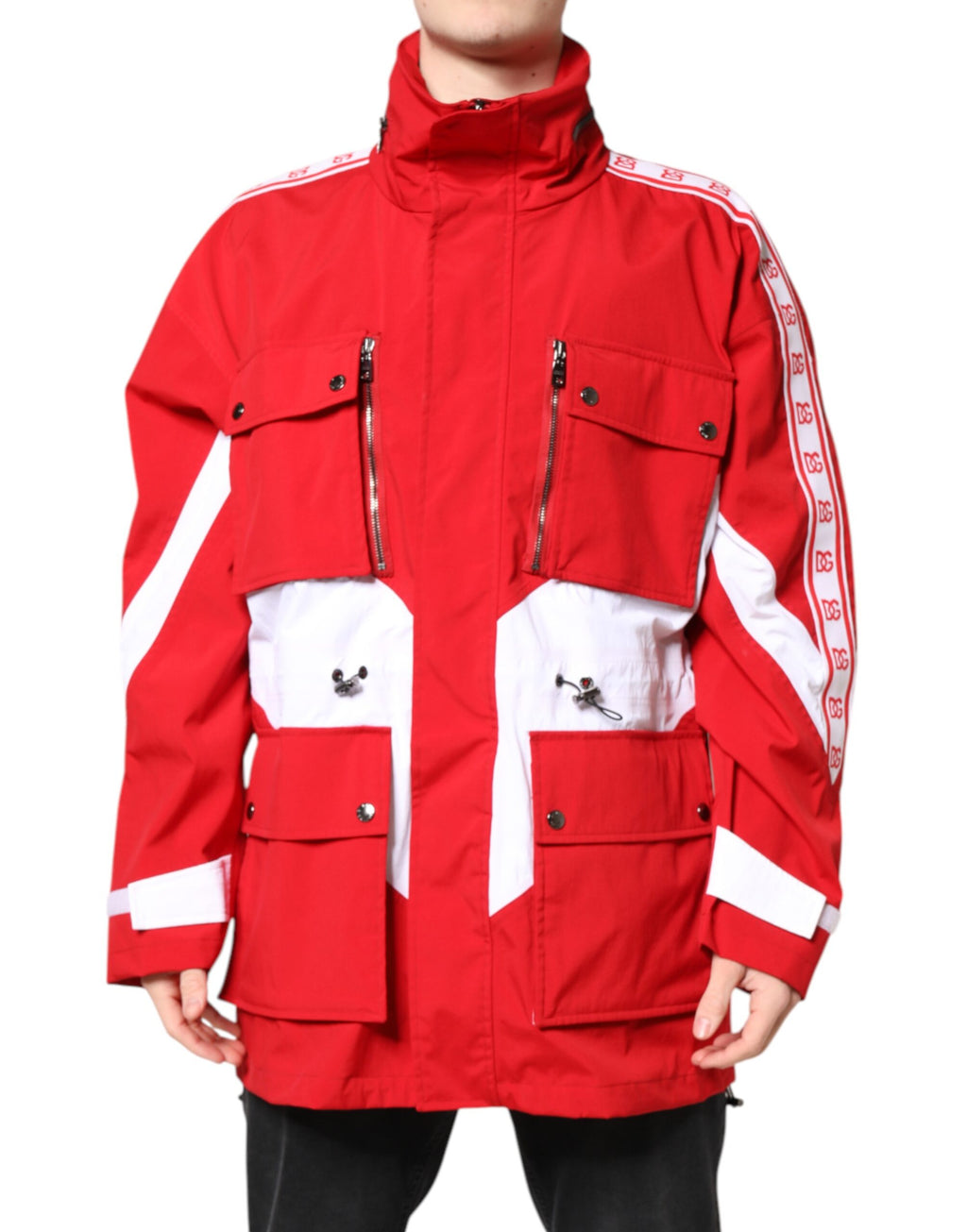 Dolce & Gabbana Rote weiße Nylon Windbreaker Jacke mit durchgehendem Reißverschluss