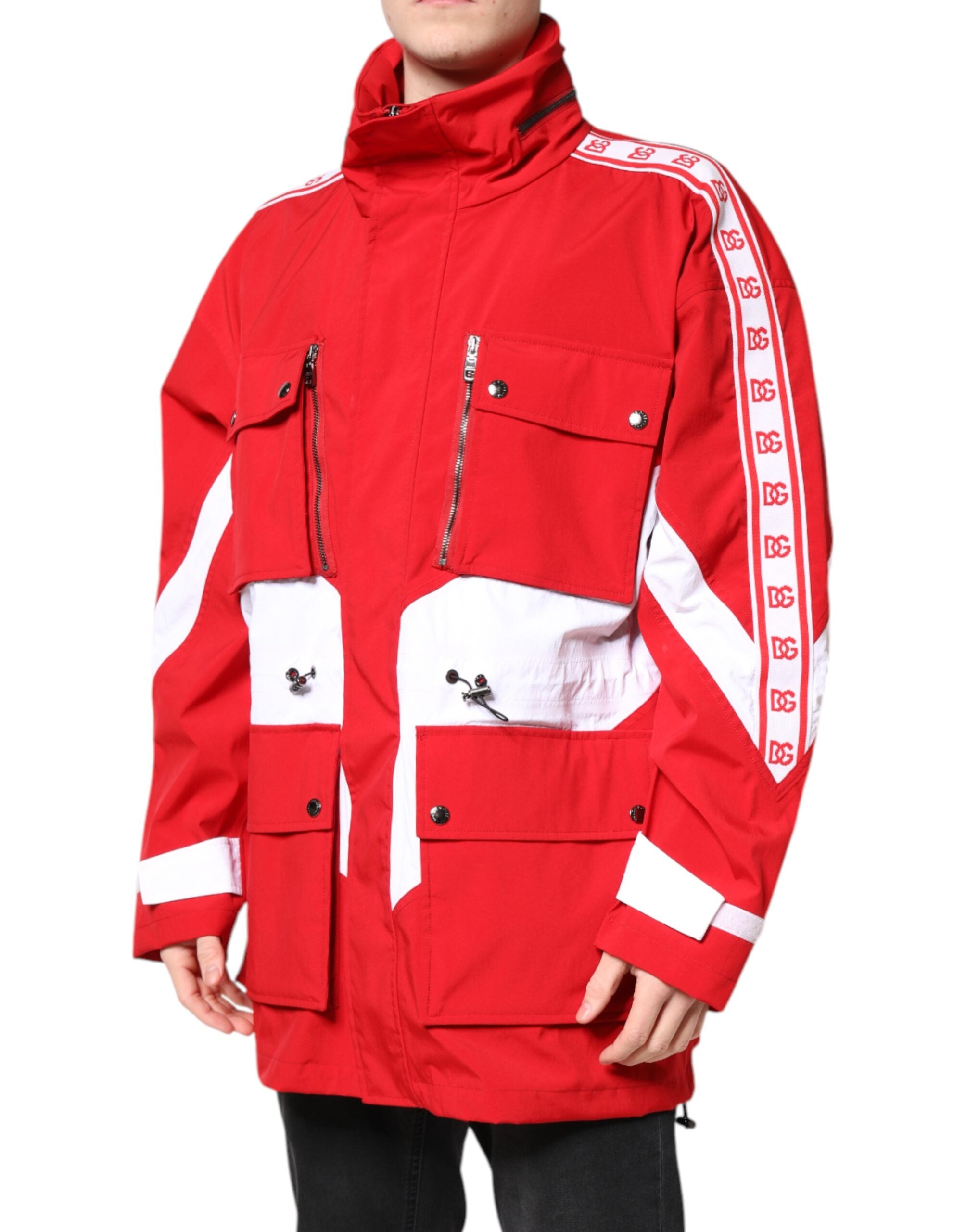 Dolce & Gabbana Rote weiße Nylon Windbreaker Jacke mit durchgehendem Reißverschluss