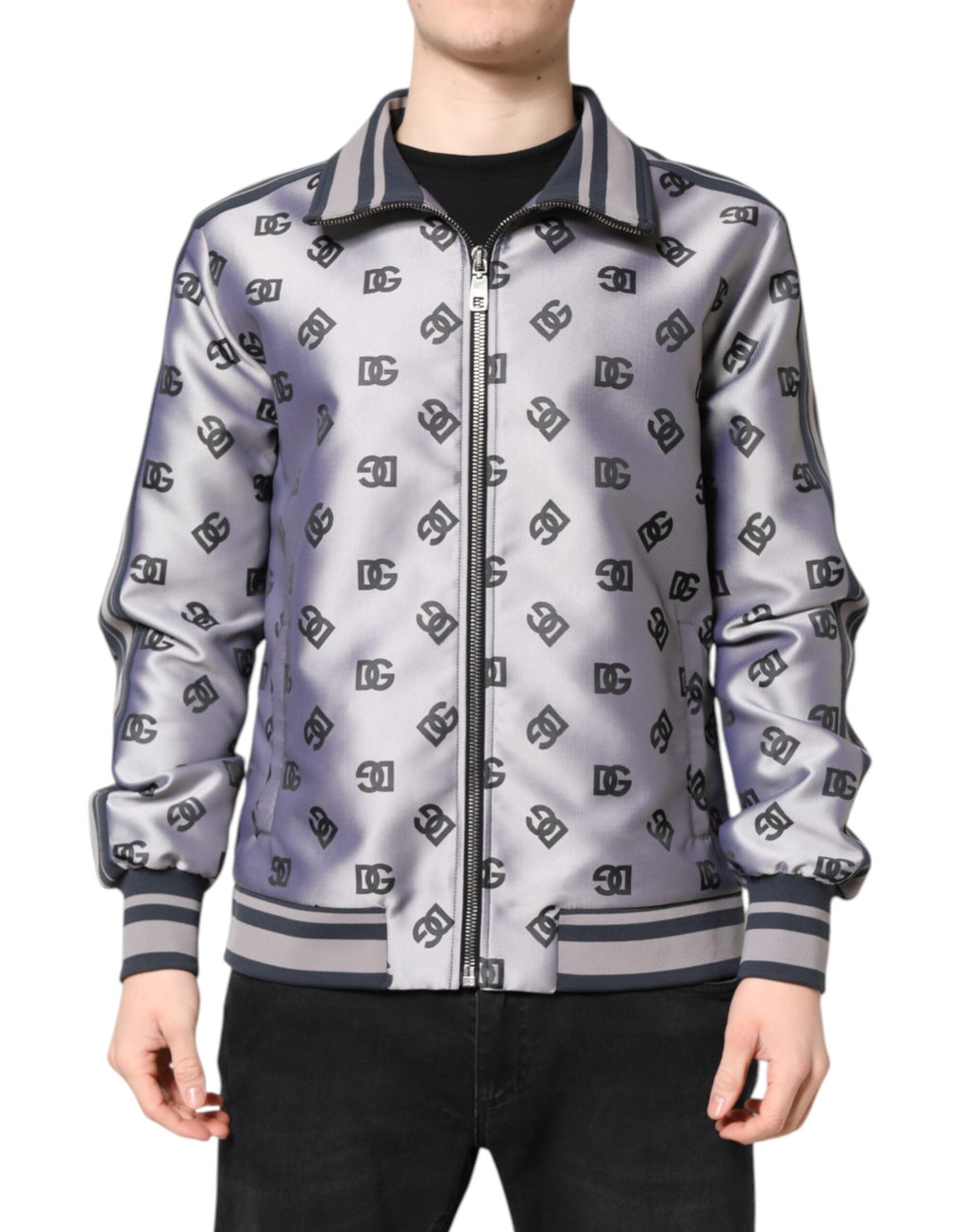 Dolce & Gabbana Graue Logo-Monogramm-Bomberjacke mit durchgehendem Reißverschluss