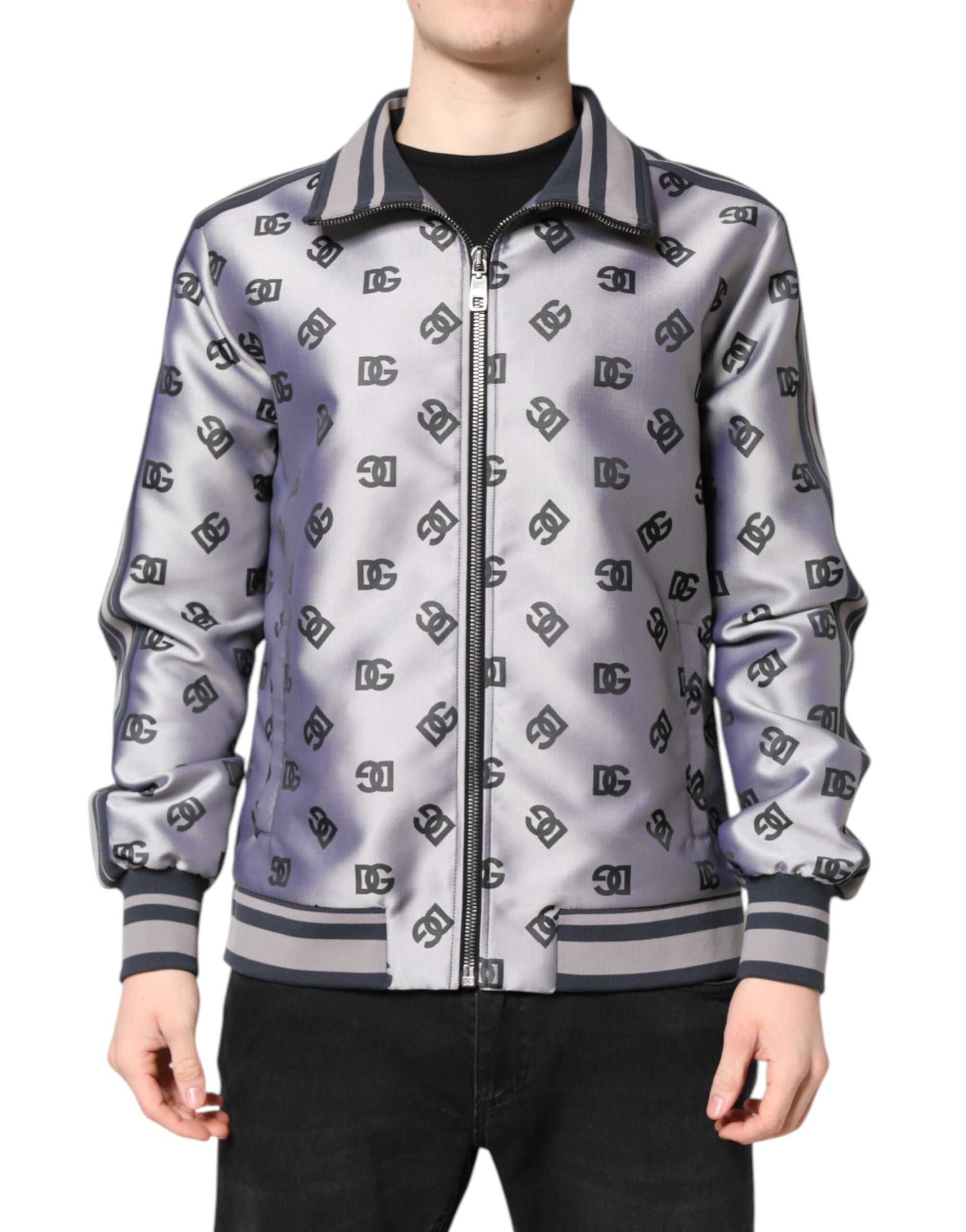 Dolce & Gabbana Graue Logo-Monogramm-Bomberjacke mit durchgehendem Reißverschluss