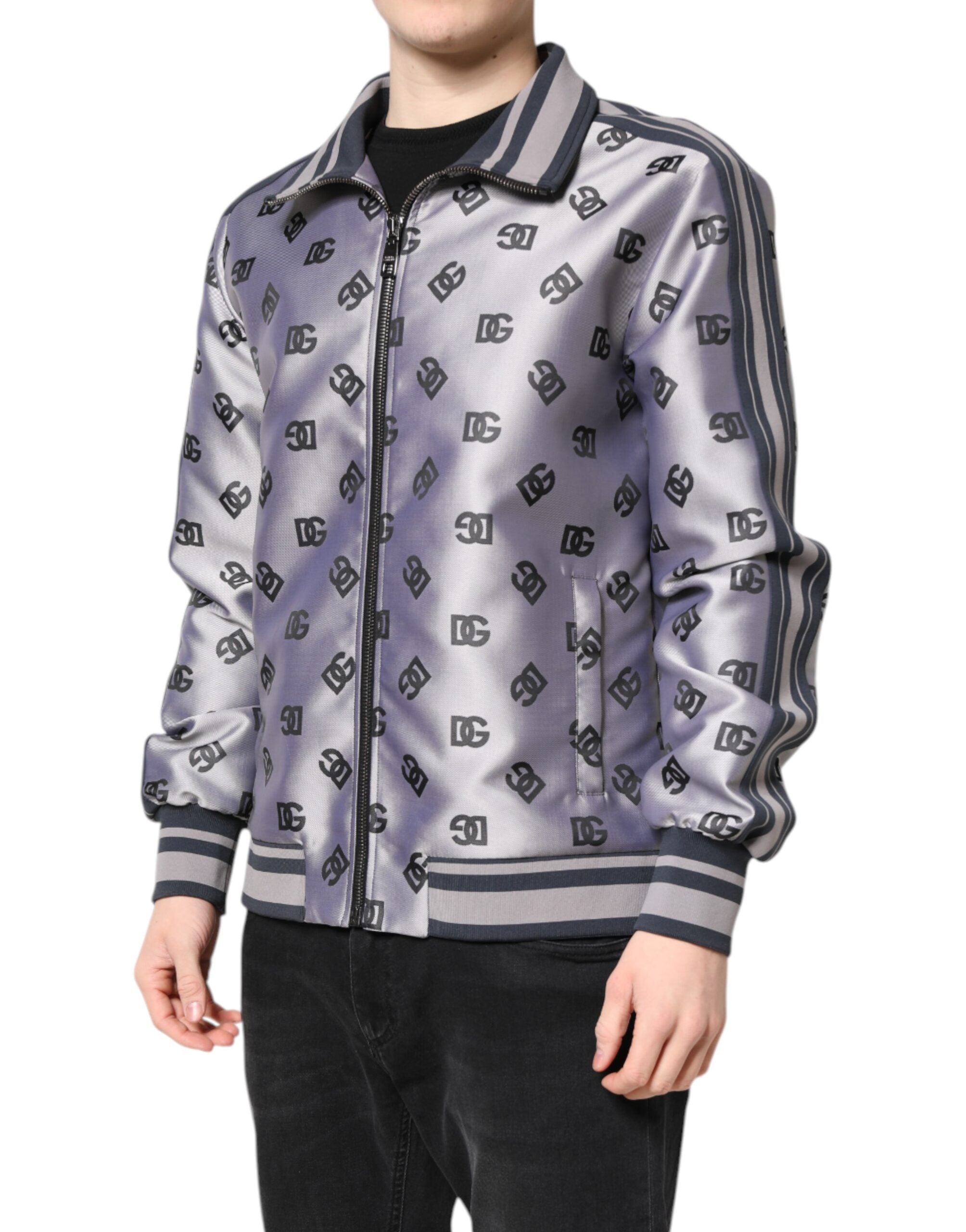 Dolce & Gabbana Graue Logo-Monogramm-Bomberjacke mit durchgehendem Reißverschluss
