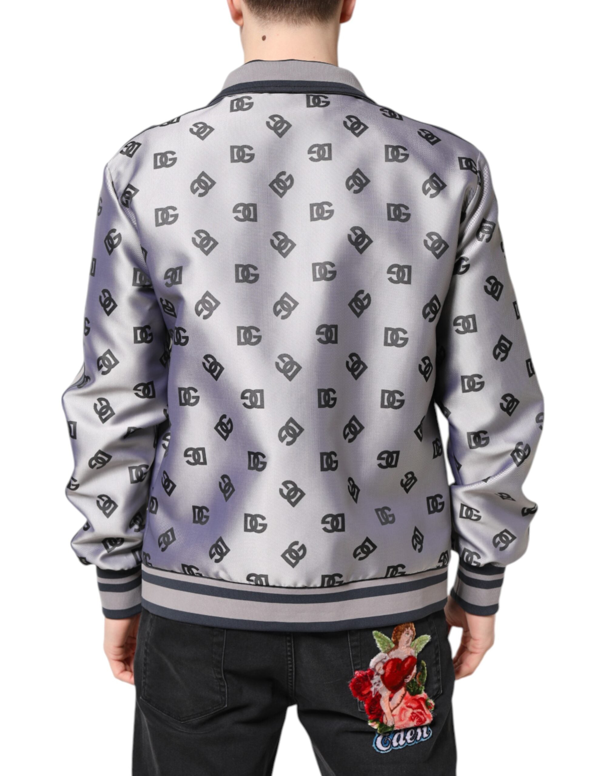 Dolce & Gabbana Graue Logo-Monogramm-Bomberjacke mit durchgehendem Reißverschluss