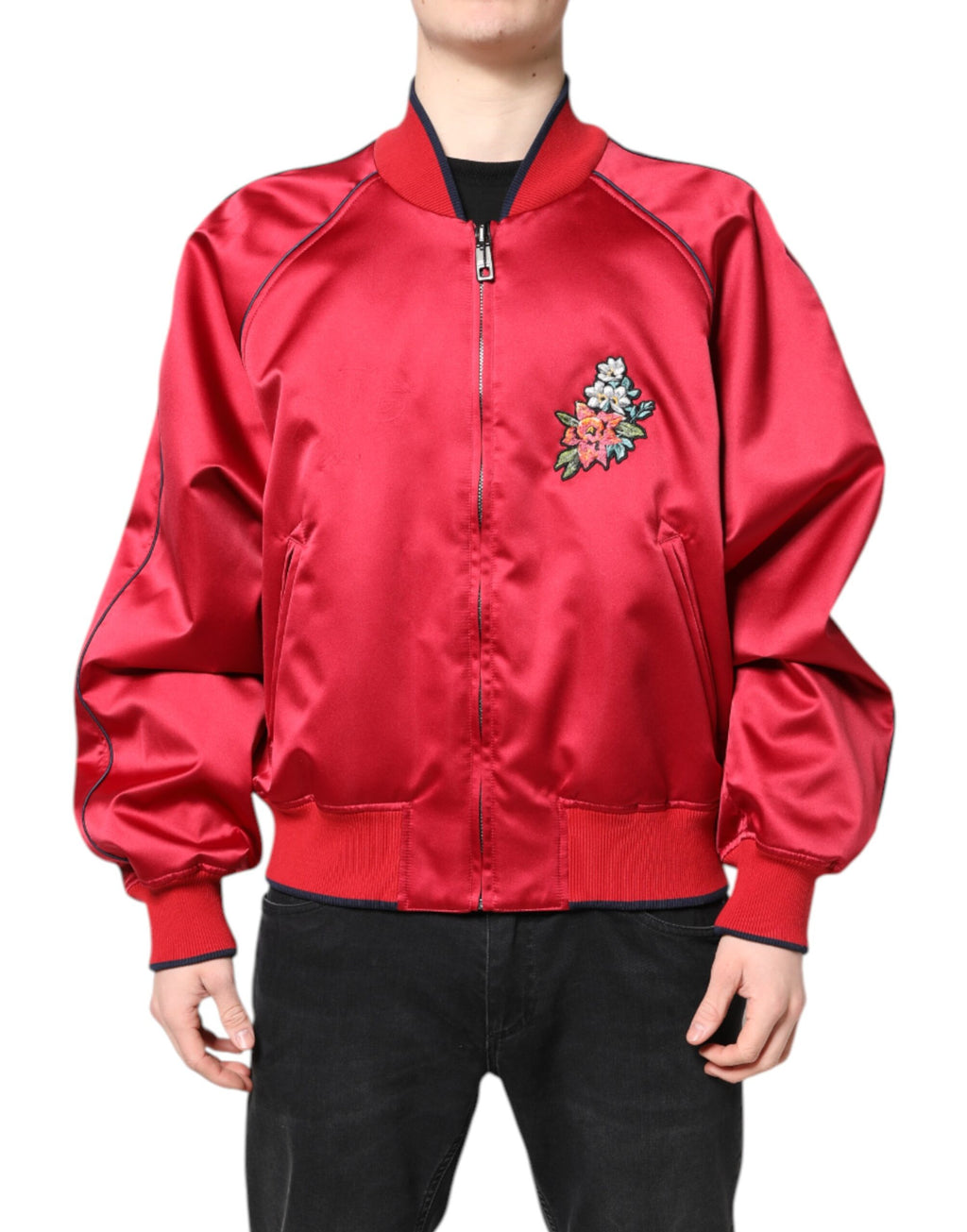 Dolce & Gabbana Rote florale Patch Männer Bomberjacke mit durchgehendem Reißverschluss