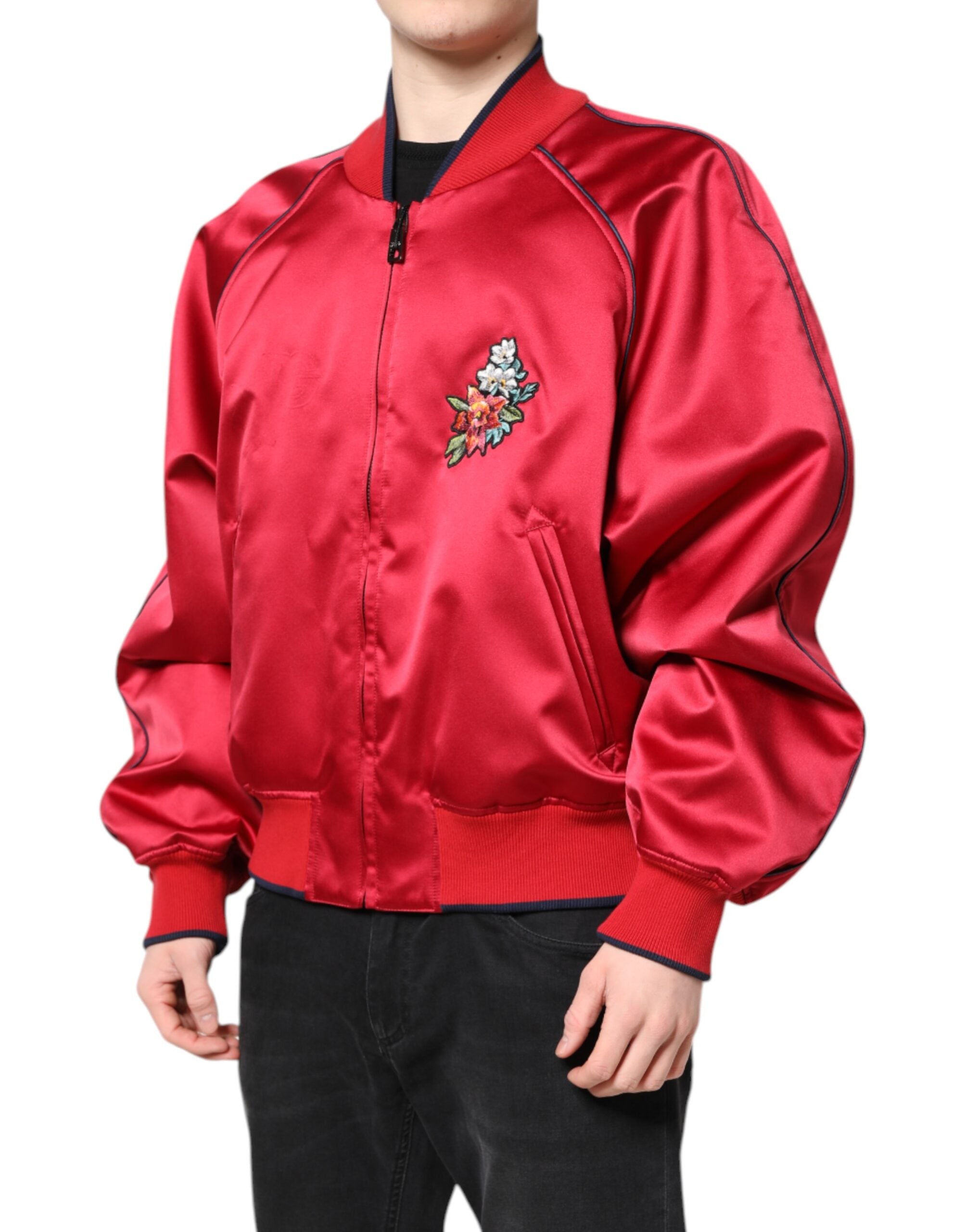 Dolce & Gabbana Rote florale Patch Männer Bomberjacke mit durchgehendem Reißverschluss