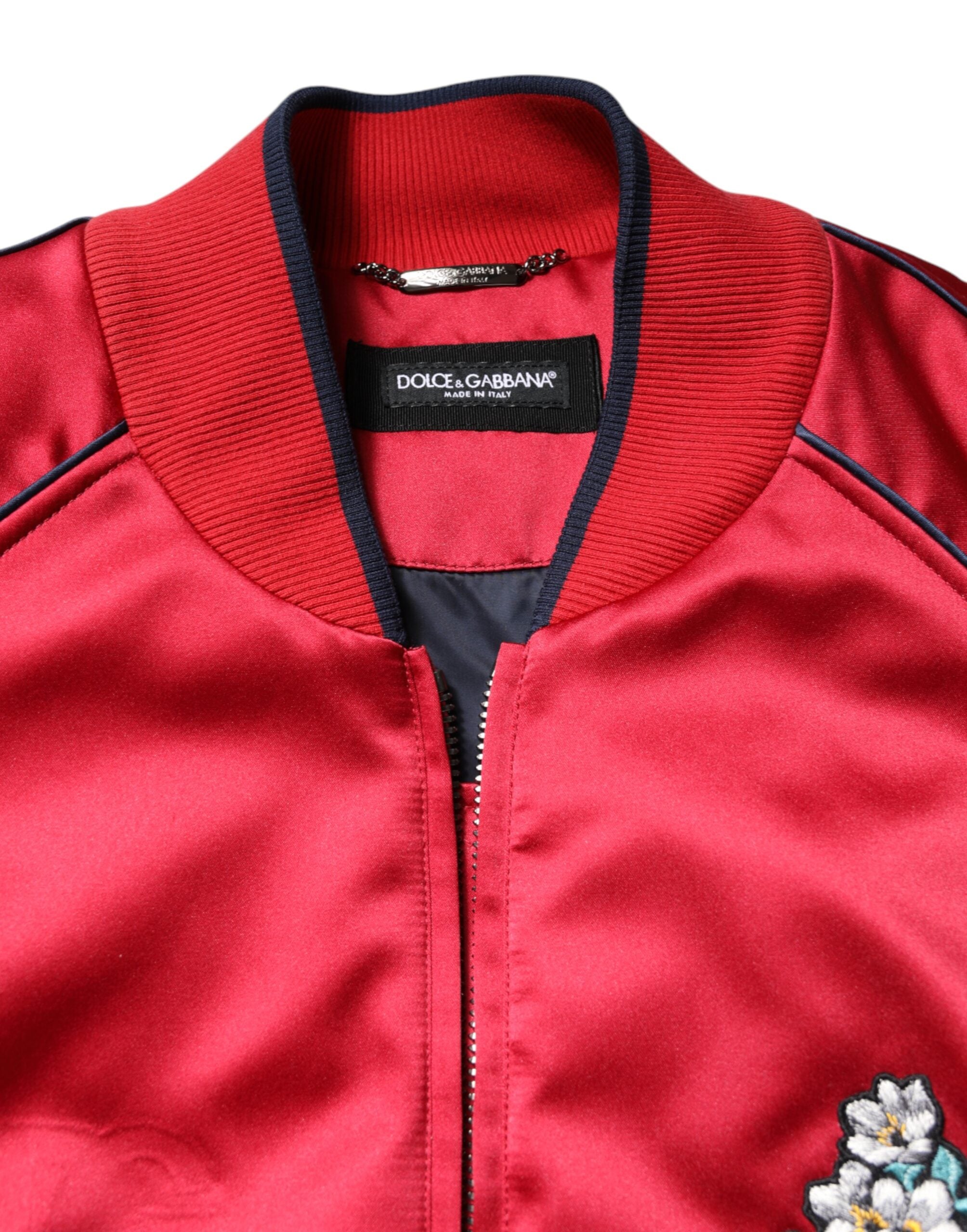 Dolce & Gabbana Rote florale Patch Männer Bomberjacke mit durchgehendem Reißverschluss