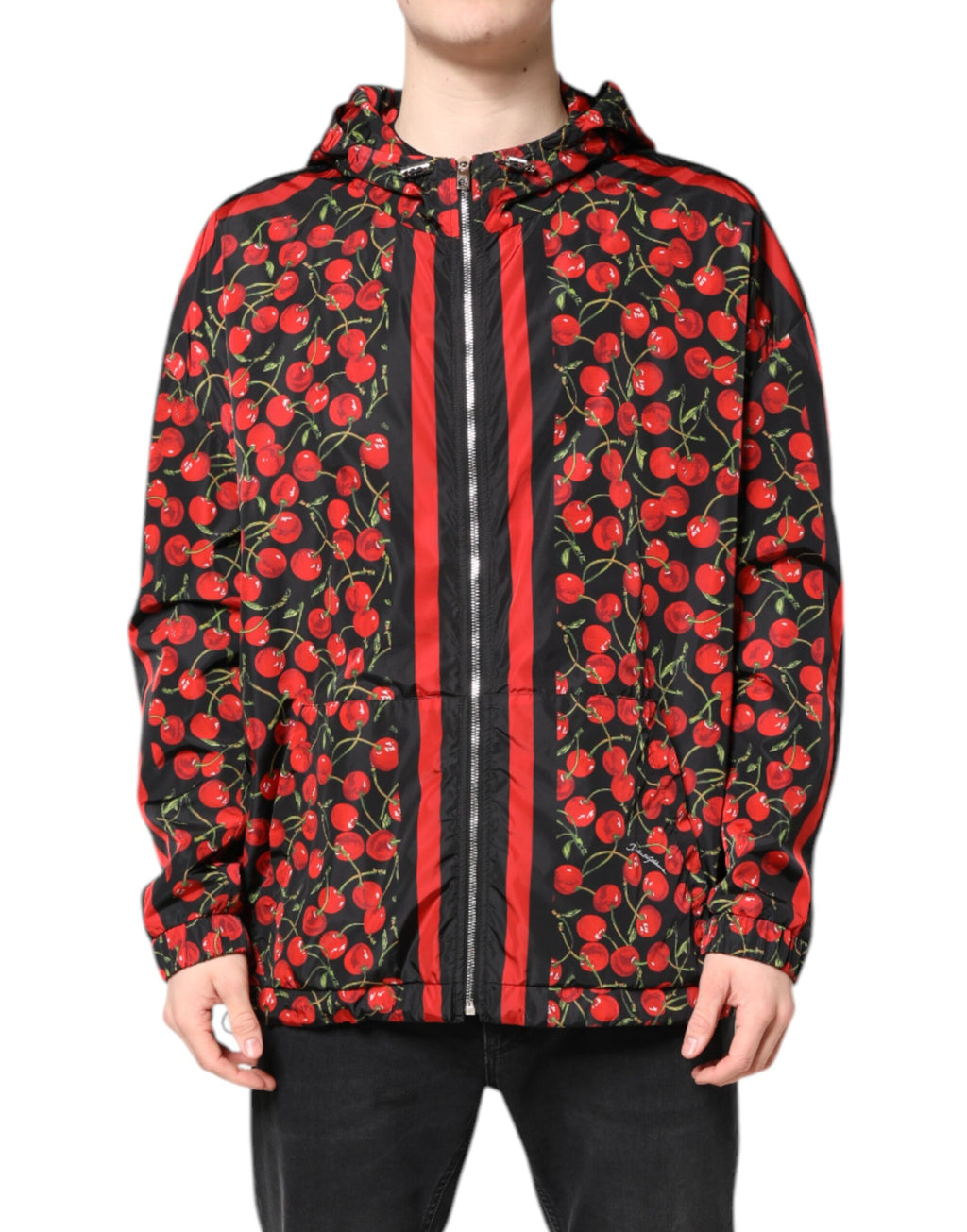 Dolce & Gabbana Schwarze Windbreaker-Jacke mit Kapuze und Kirschenmuster