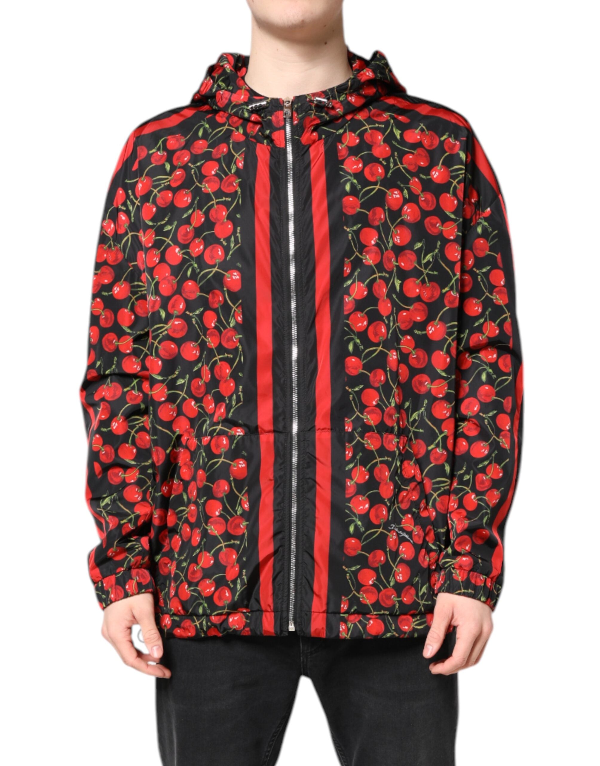 Dolce & Gabbana Schwarze Windbreaker-Jacke mit Kapuze und Kirschenmuster
