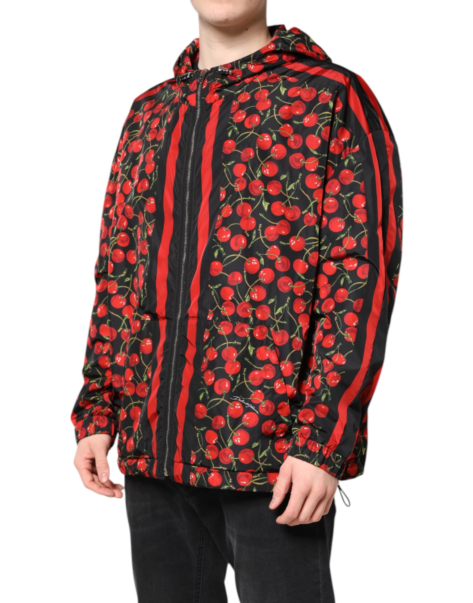 Dolce & Gabbana Schwarze Windbreaker-Jacke mit Kapuze und Kirschenmuster