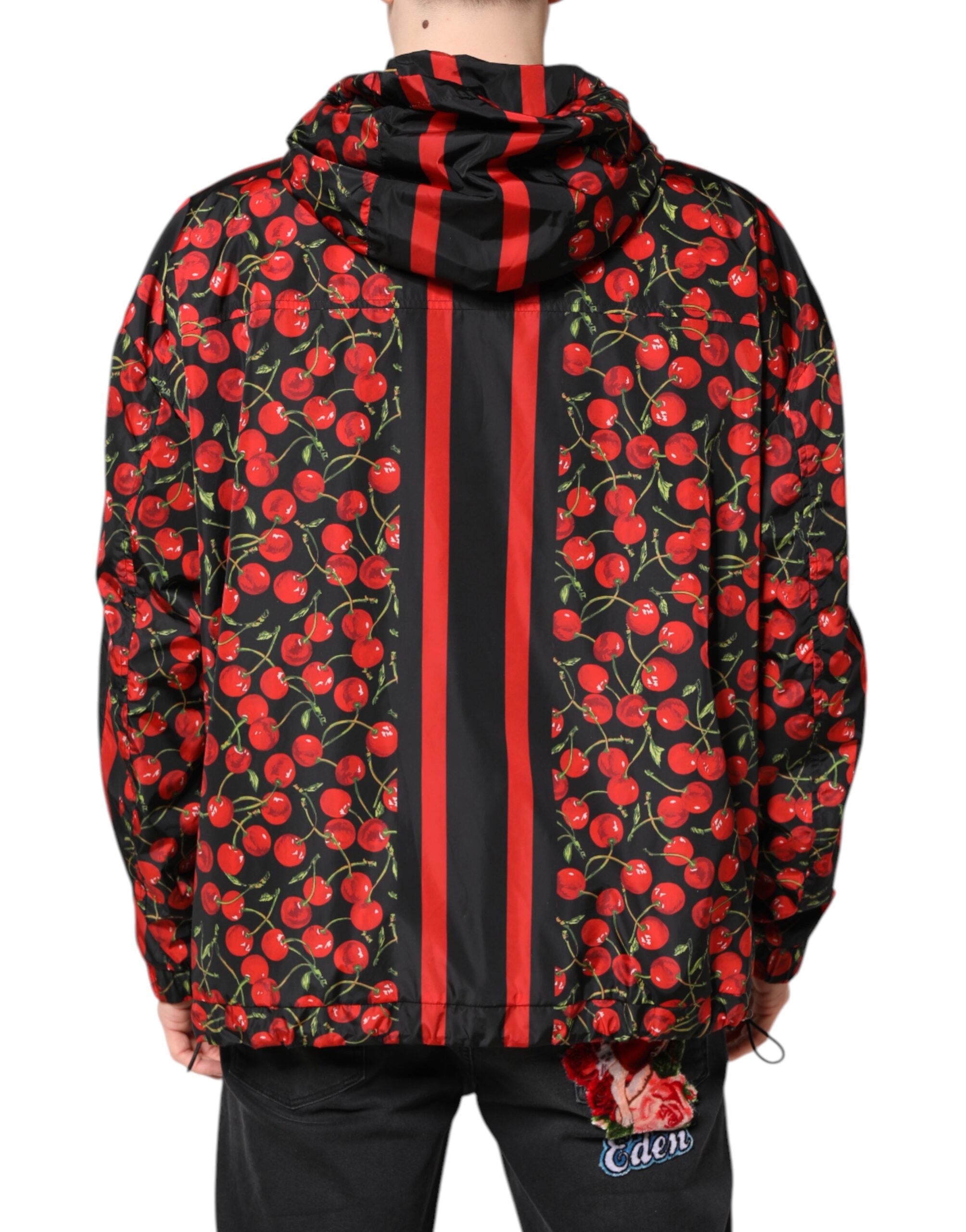 Dolce & Gabbana Schwarze Windbreaker-Jacke mit Kapuze und Kirschenmuster