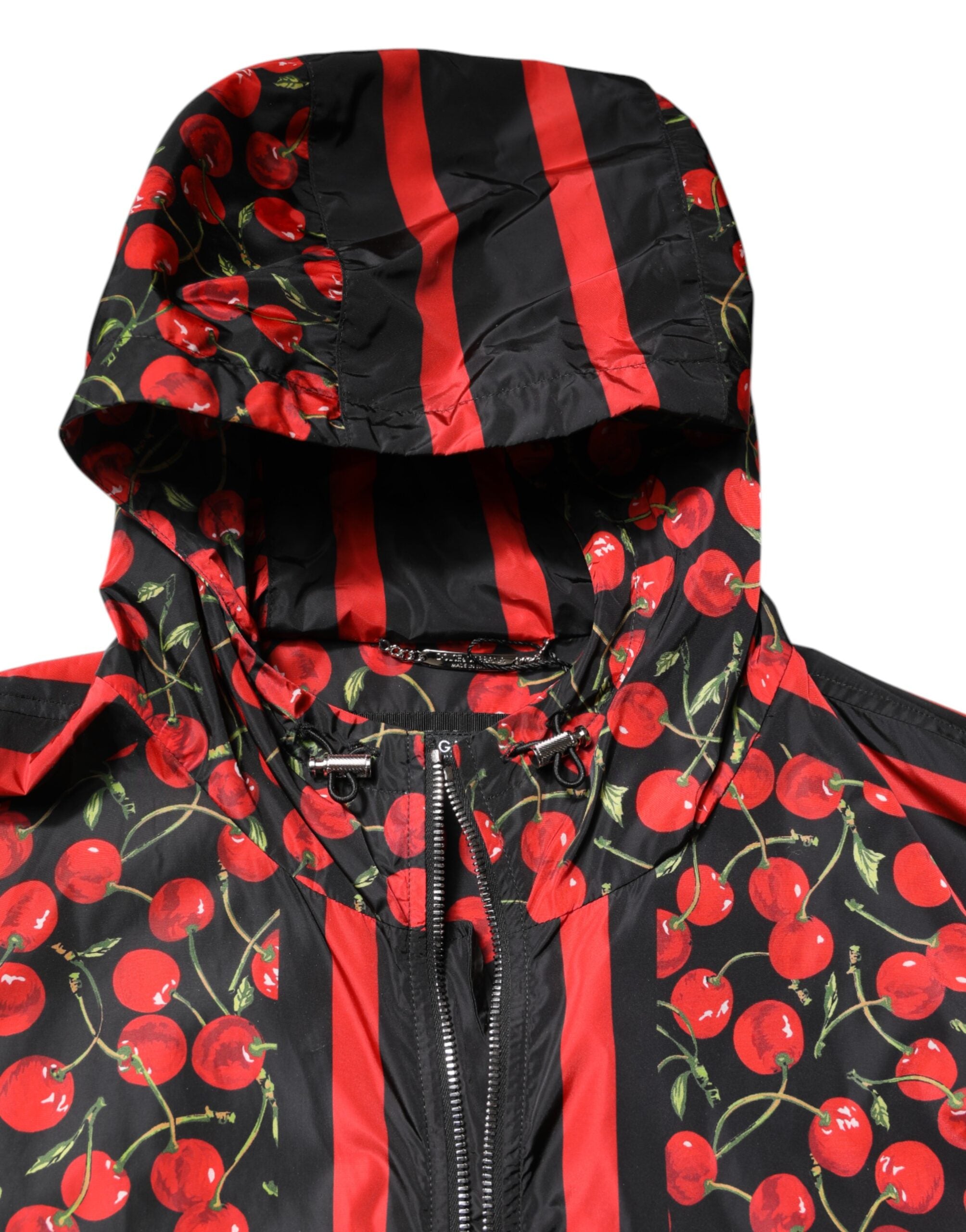 Dolce & Gabbana Schwarze Windbreaker-Jacke mit Kapuze und Kirschenmuster