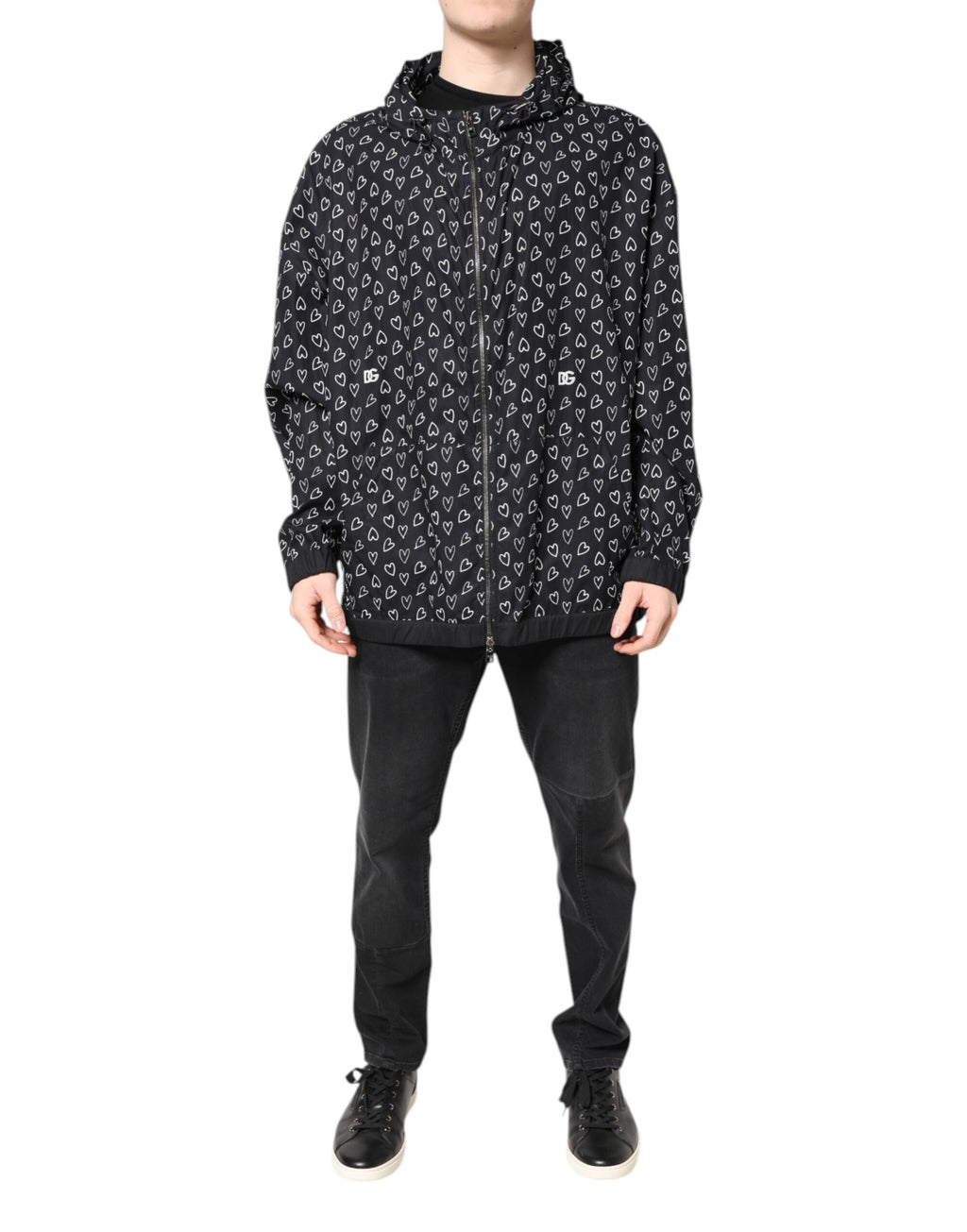 Dolce & Gabbana Schwarze Windbreaker-Jacke mit Herzdruck und Kapuze