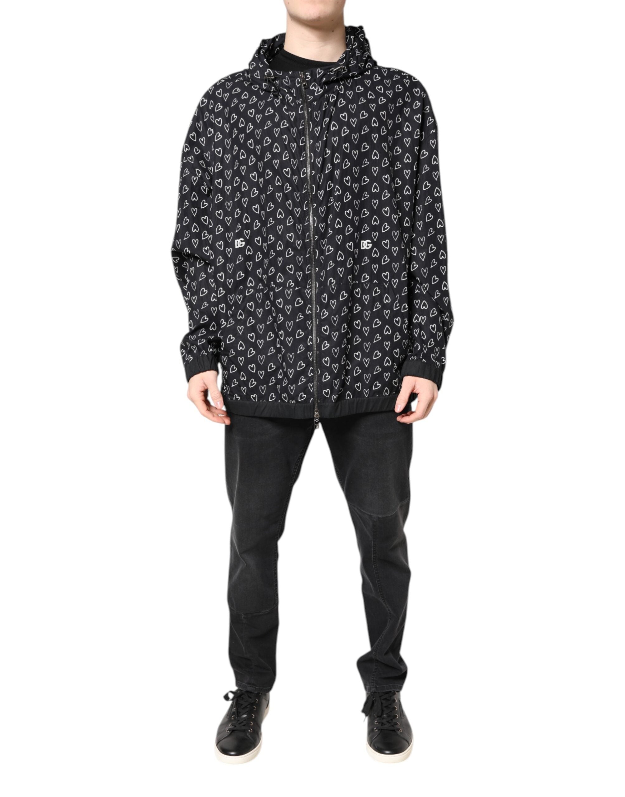 Dolce & Gabbana Schwarze Windbreaker-Jacke mit Herzdruck und Kapuze