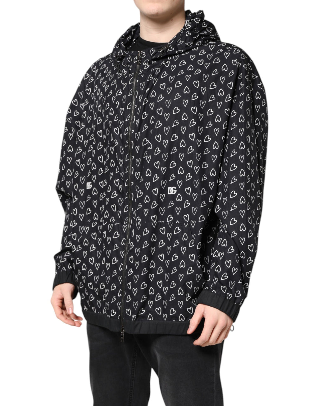 Dolce & Gabbana Schwarze Windbreaker-Jacke mit Herzdruck und Kapuze