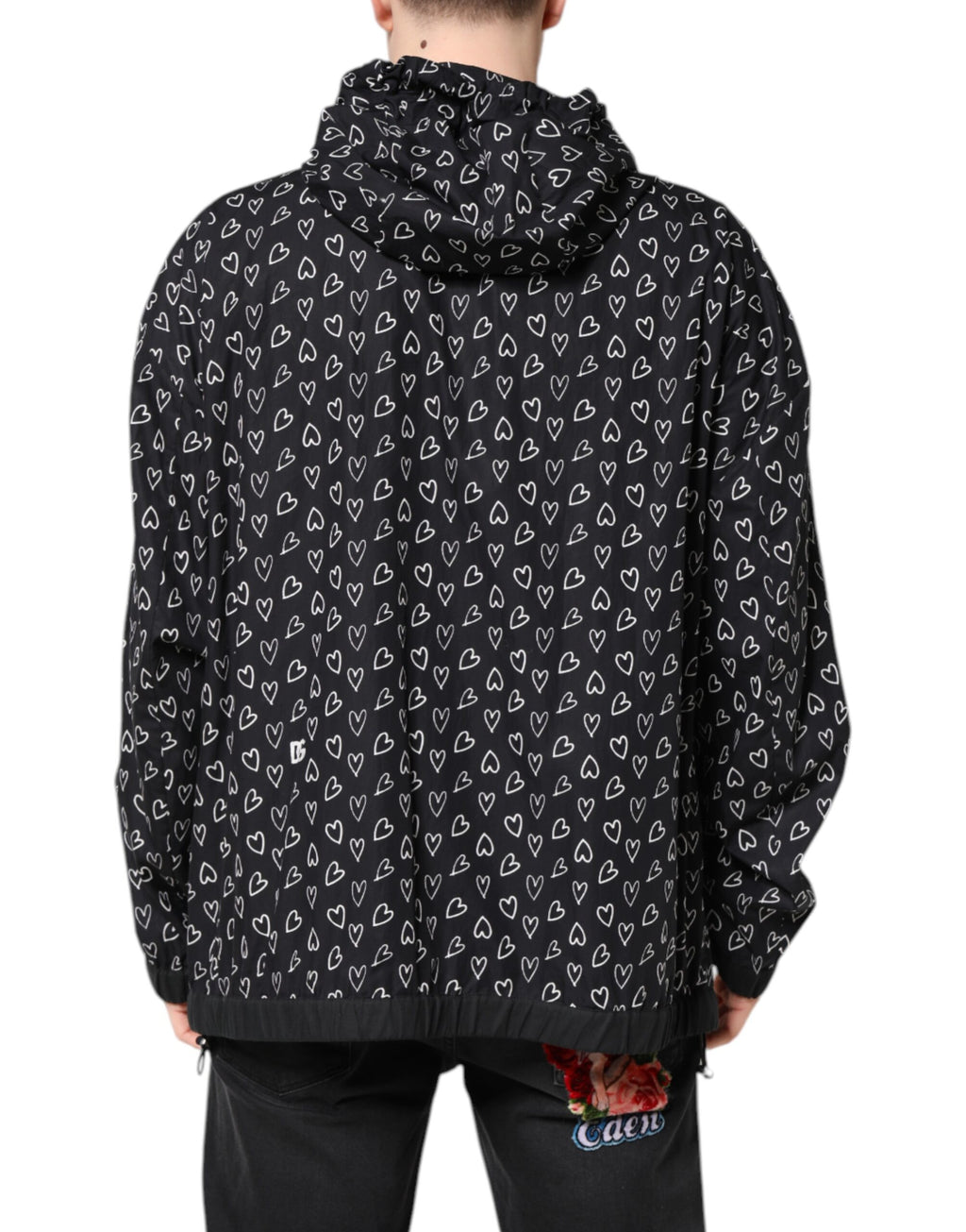Dolce & Gabbana Schwarze Windbreaker-Jacke mit Herzdruck und Kapuze
