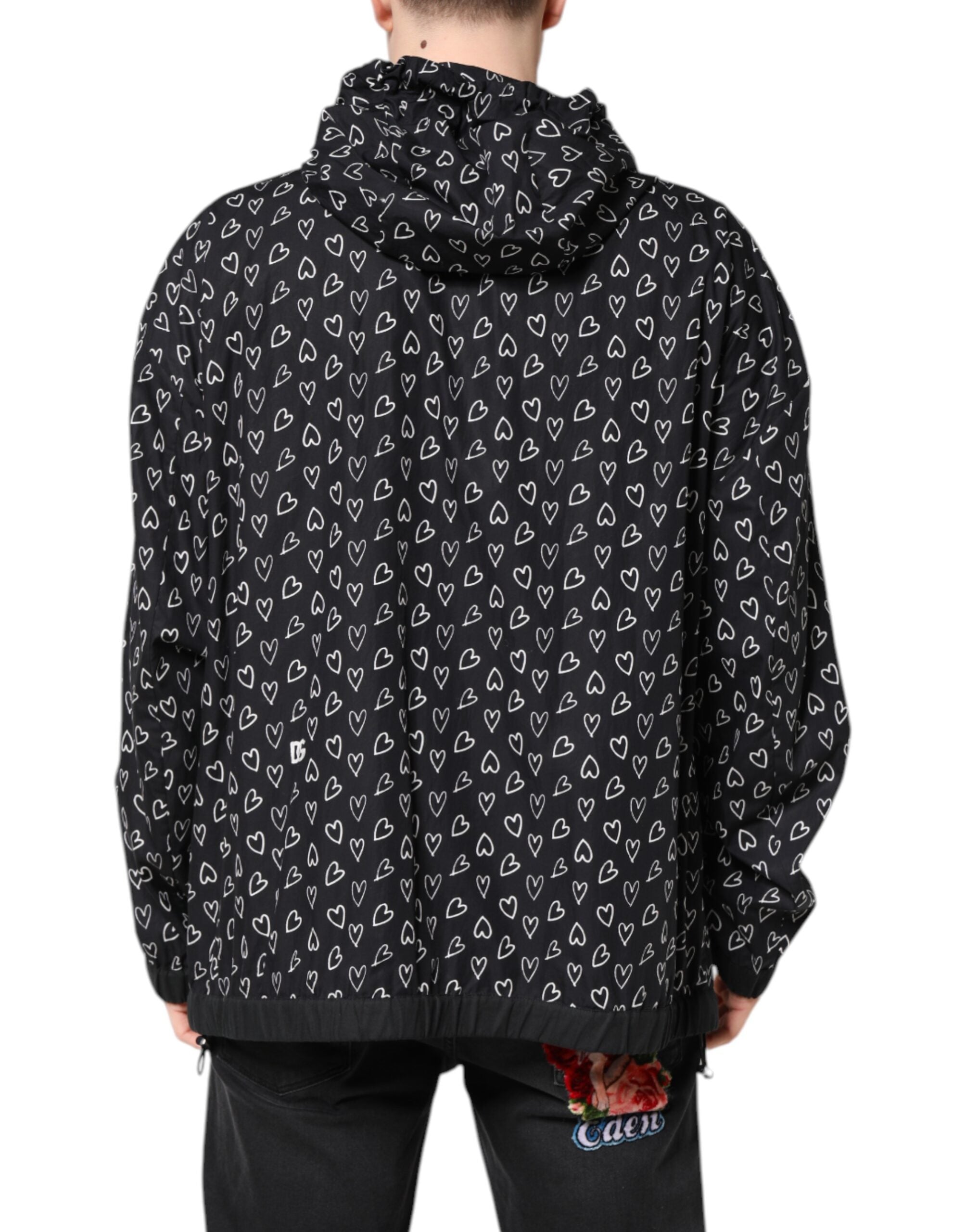 Dolce & Gabbana Schwarze Windbreaker-Jacke mit Herzdruck und Kapuze
