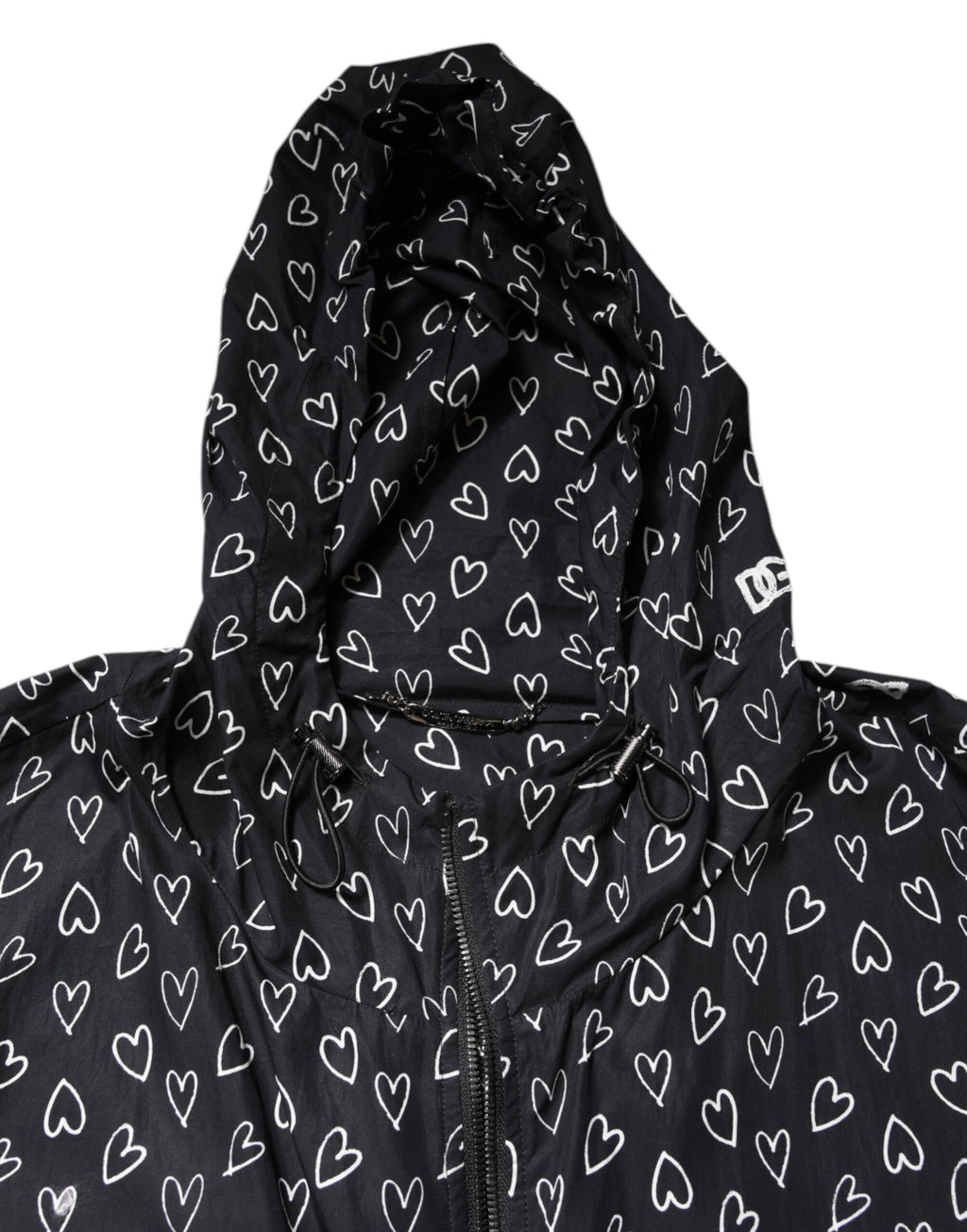 Dolce & Gabbana Schwarze Windbreaker-Jacke mit Herzdruck und Kapuze