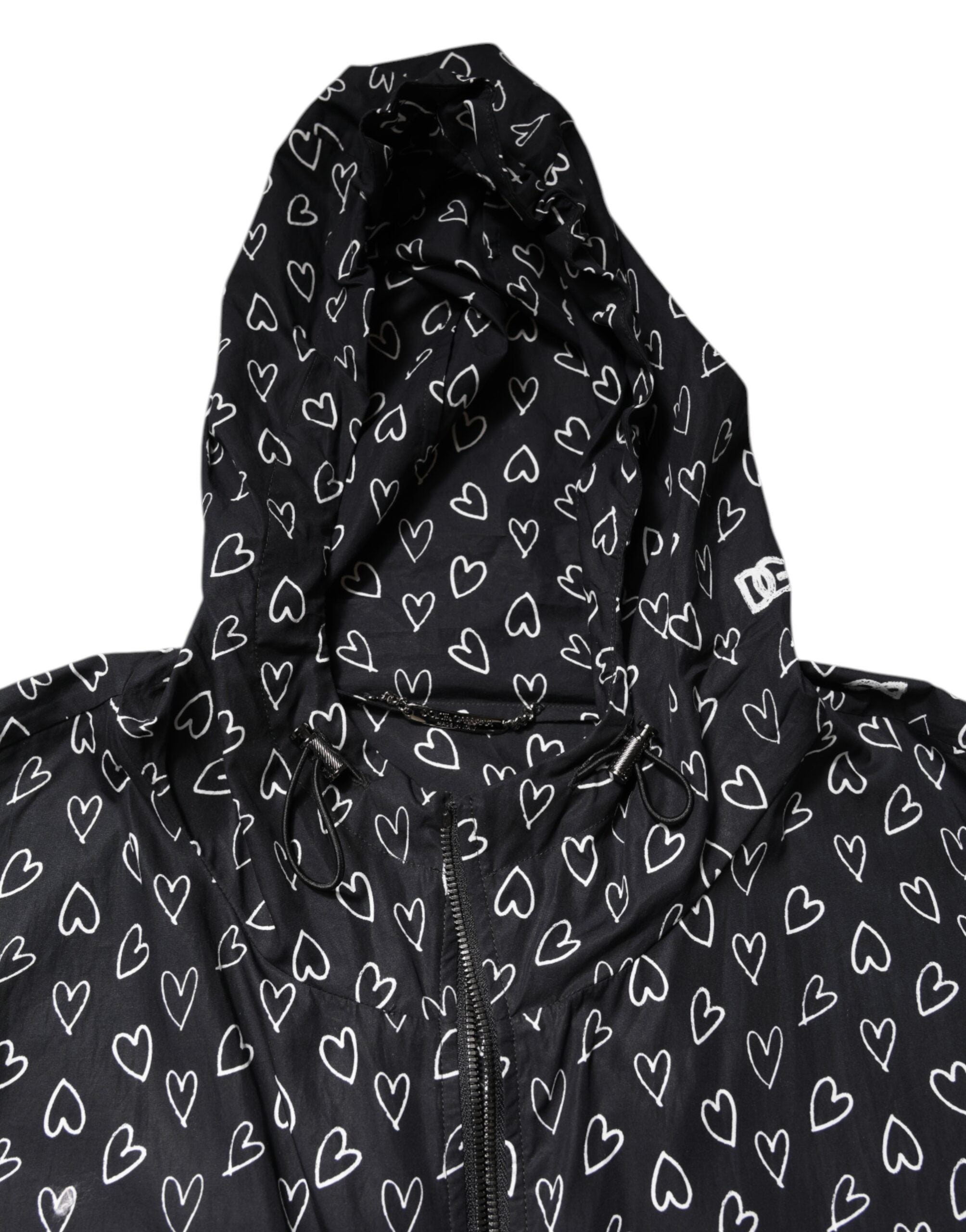 Dolce & Gabbana Schwarze Windbreaker-Jacke mit Herzdruck und Kapuze