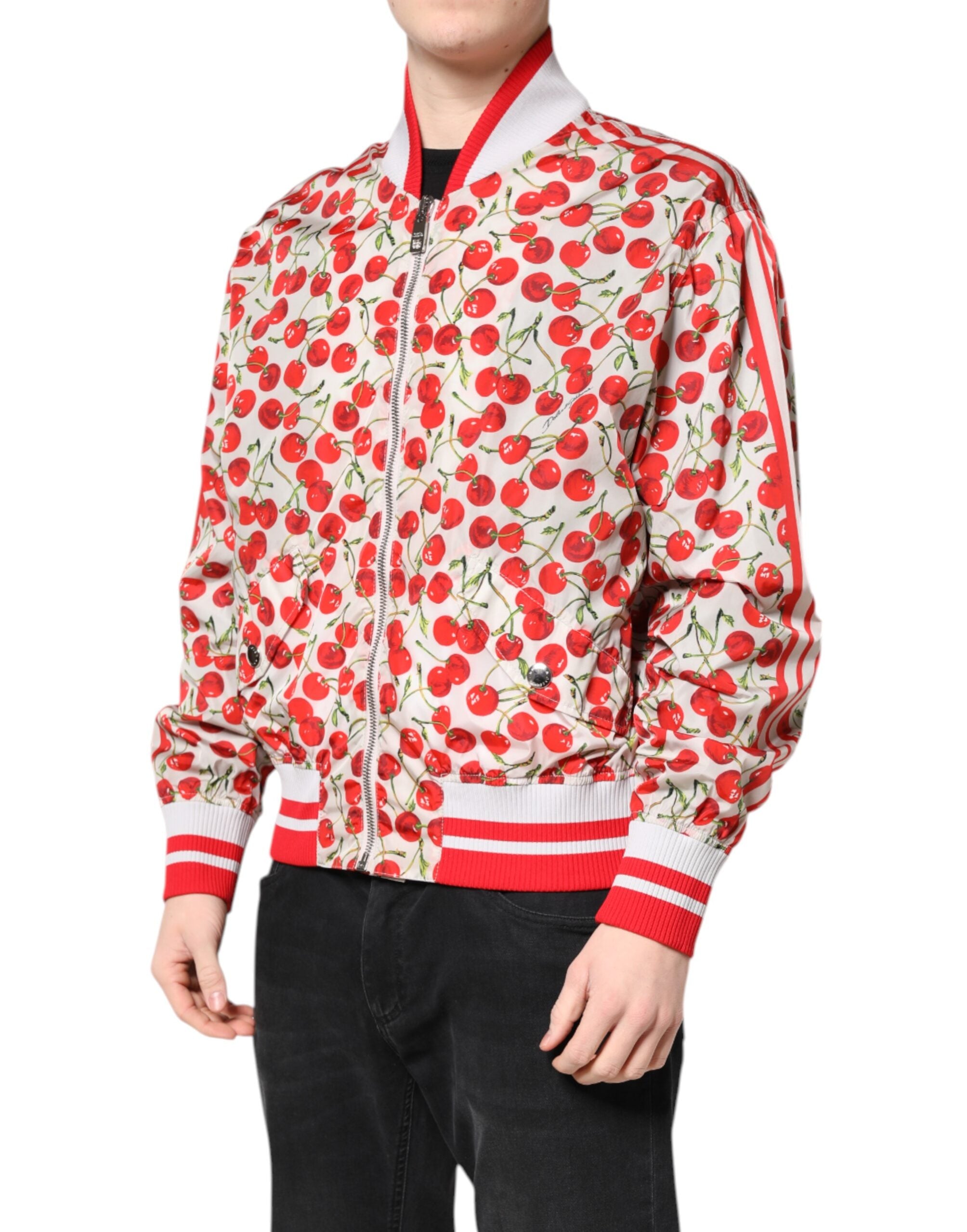 Dolce & Gabbana Weiße Cherry Print Bomberjacke mit durchgehendem Reißverschluss
