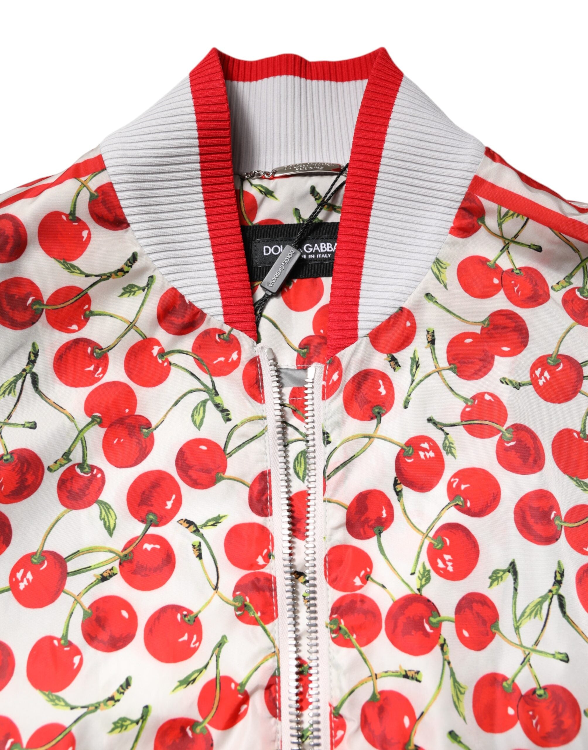 Dolce & Gabbana Weiße Cherry Print Bomberjacke mit durchgehendem Reißverschluss