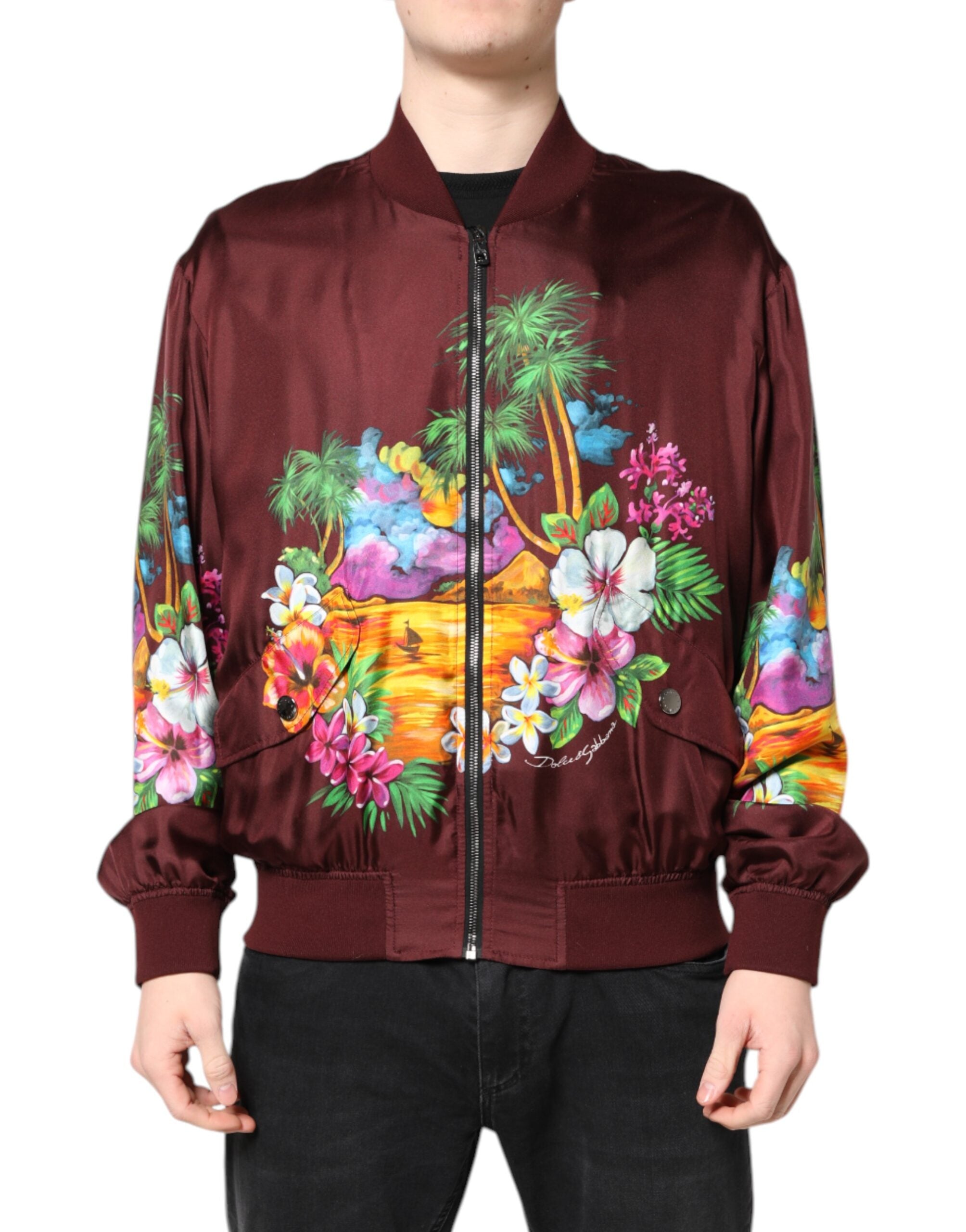 Dolce & Gabbana Kastanienbraune Bomberjacke mit Blumendruck und Reißverschluss