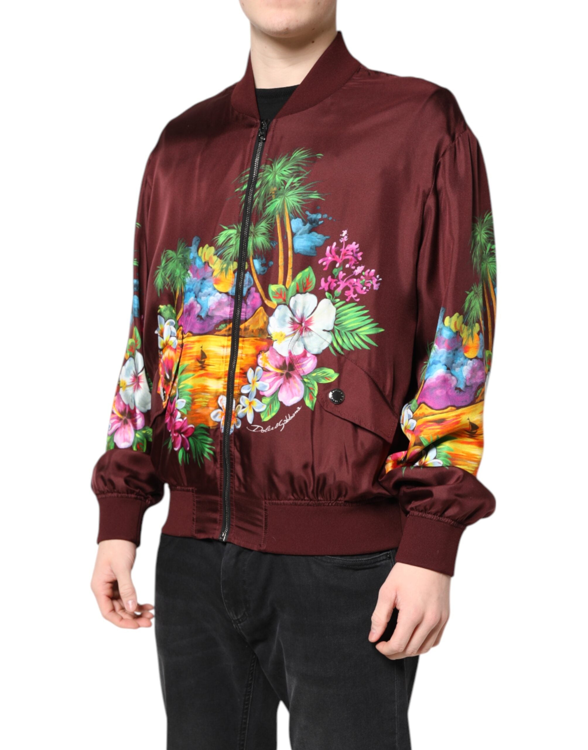 Dolce & Gabbana Kastanienbraune Bomberjacke mit Blumendruck und Reißverschluss