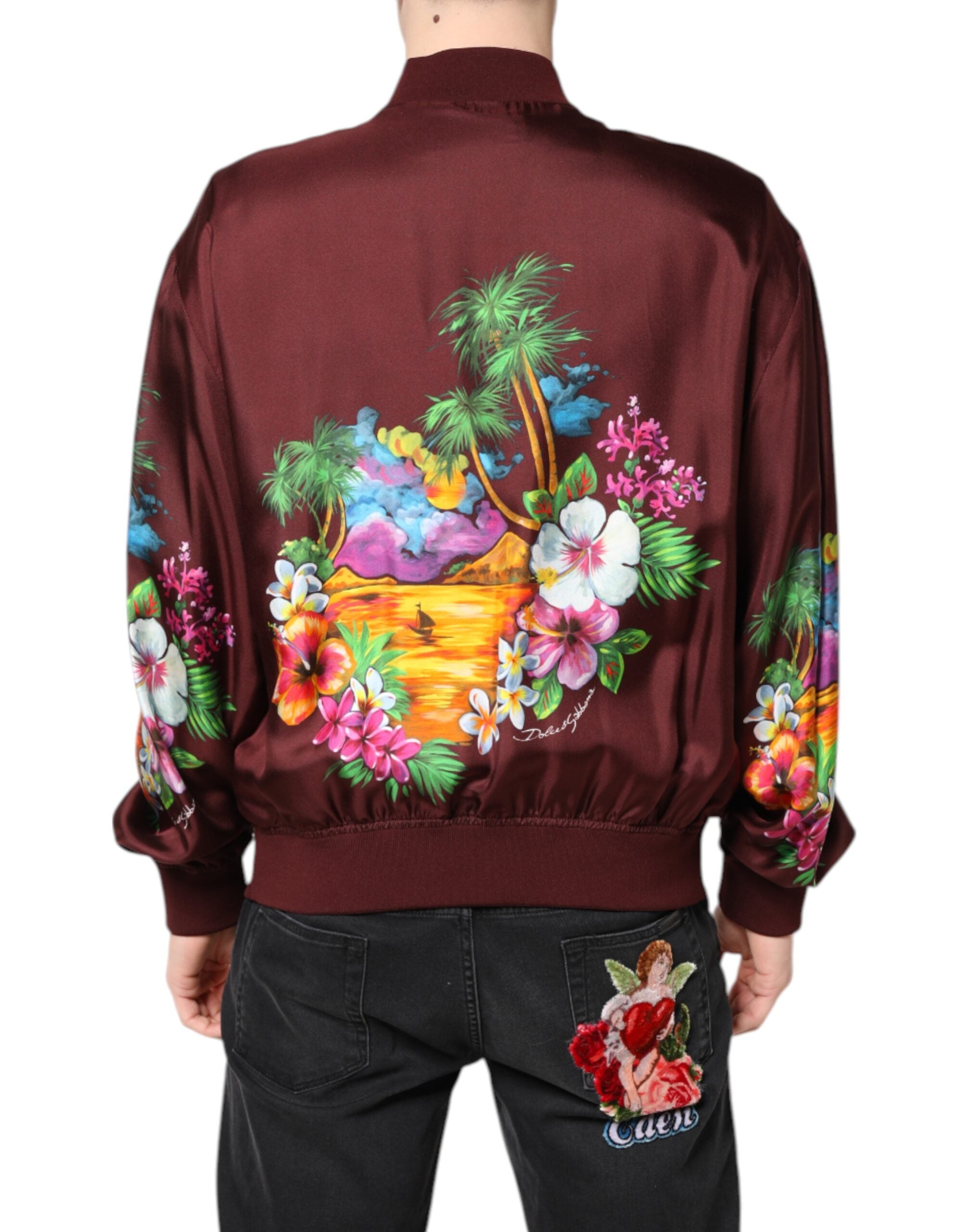Dolce & Gabbana Kastanienbraune Bomberjacke mit Blumendruck und Reißverschluss