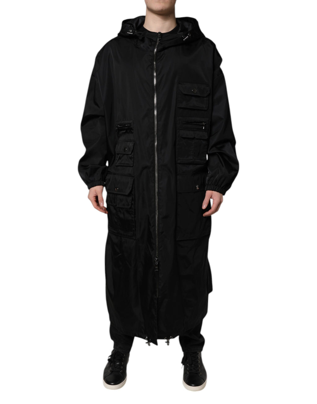 Dolce & Gabbana Schwarze lange Männer Windbreaker Jacke mit Kapuze