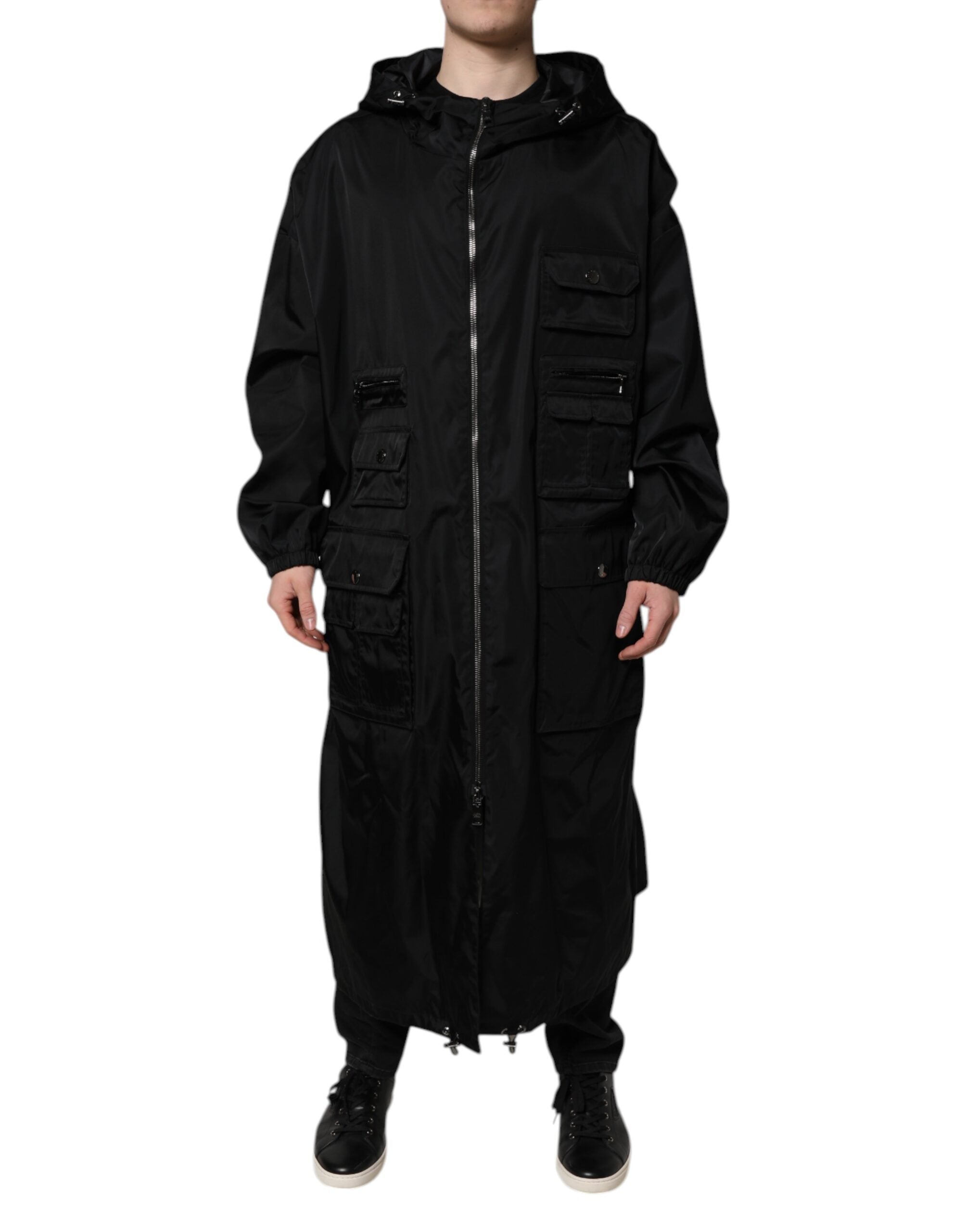 Dolce & Gabbana Schwarze lange Männer Windbreaker Jacke mit Kapuze