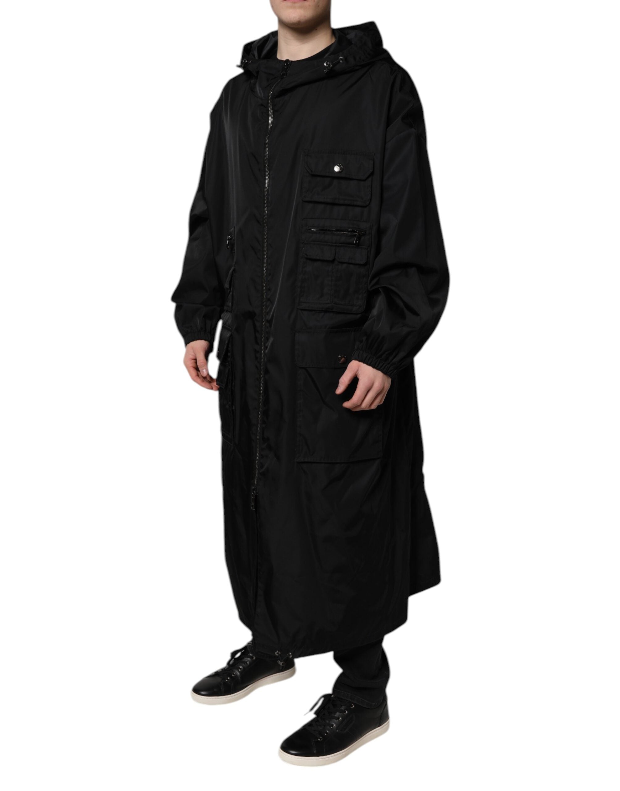 Dolce & Gabbana Schwarze lange Männer Windbreaker Jacke mit Kapuze
