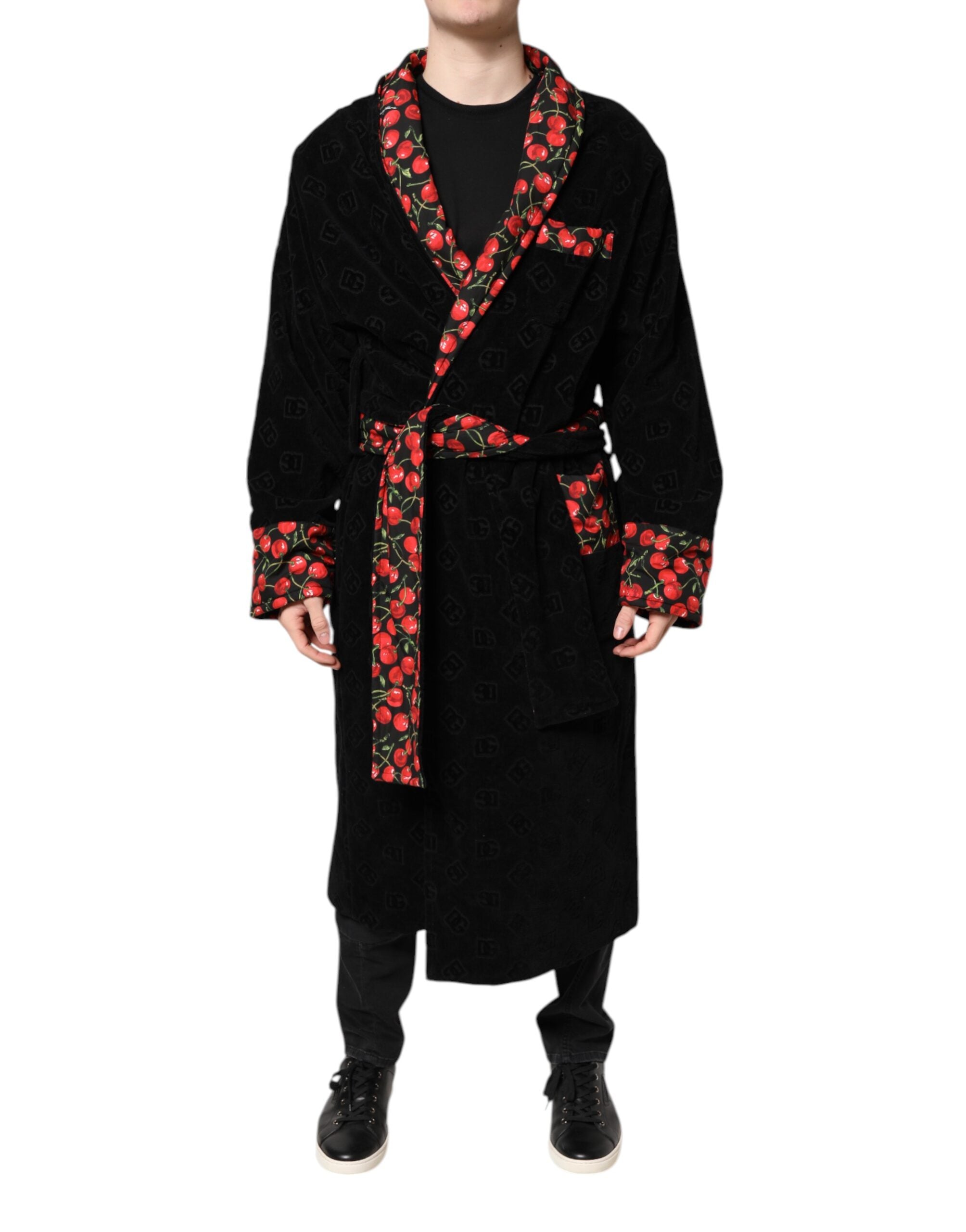 Dolce & Gabbana Schwarze Kirsche Print Wrap Robe Männer Mantel Jacke