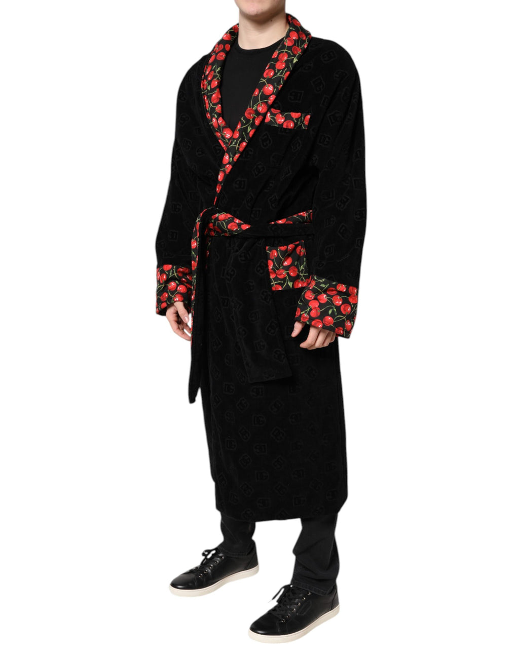 Dolce & Gabbana Schwarze Kirsche Print Wrap Robe Männer Mantel Jacke