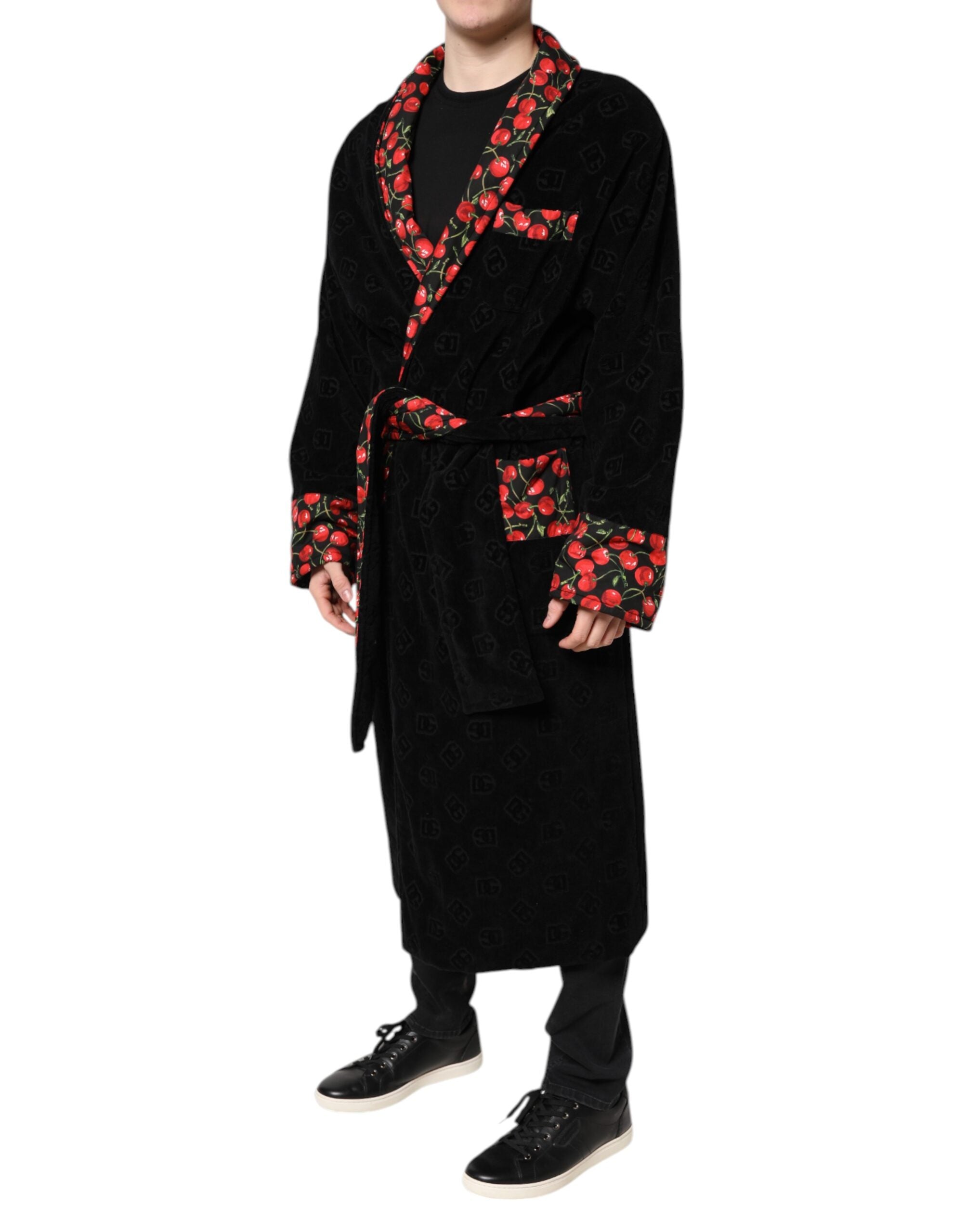 Dolce & Gabbana Schwarze Kirsche Print Wrap Robe Männer Mantel Jacke
