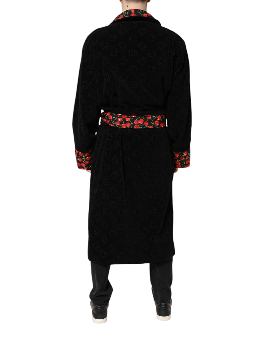 Dolce & Gabbana Schwarze Kirsche Print Wrap Robe Männer Mantel Jacke