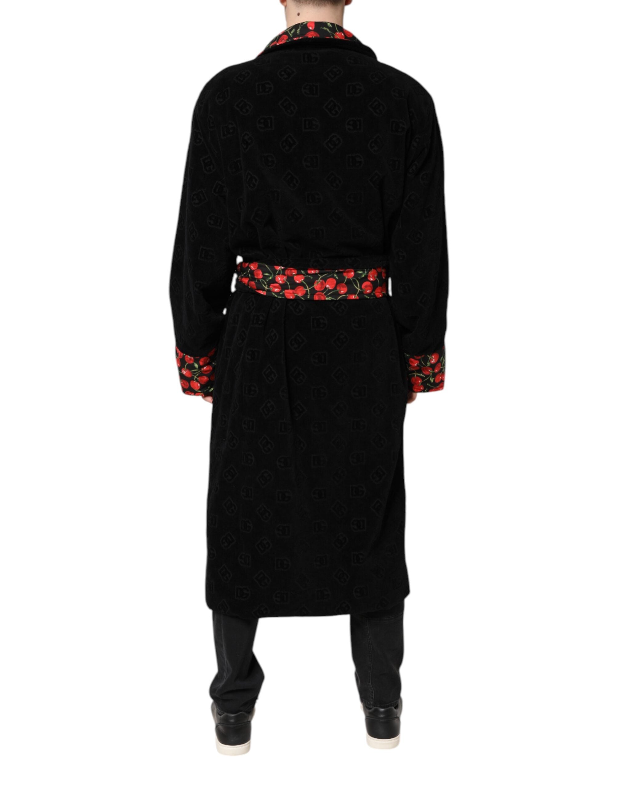 Dolce & Gabbana Schwarze Kirsche Print Wrap Robe Männer Mantel Jacke