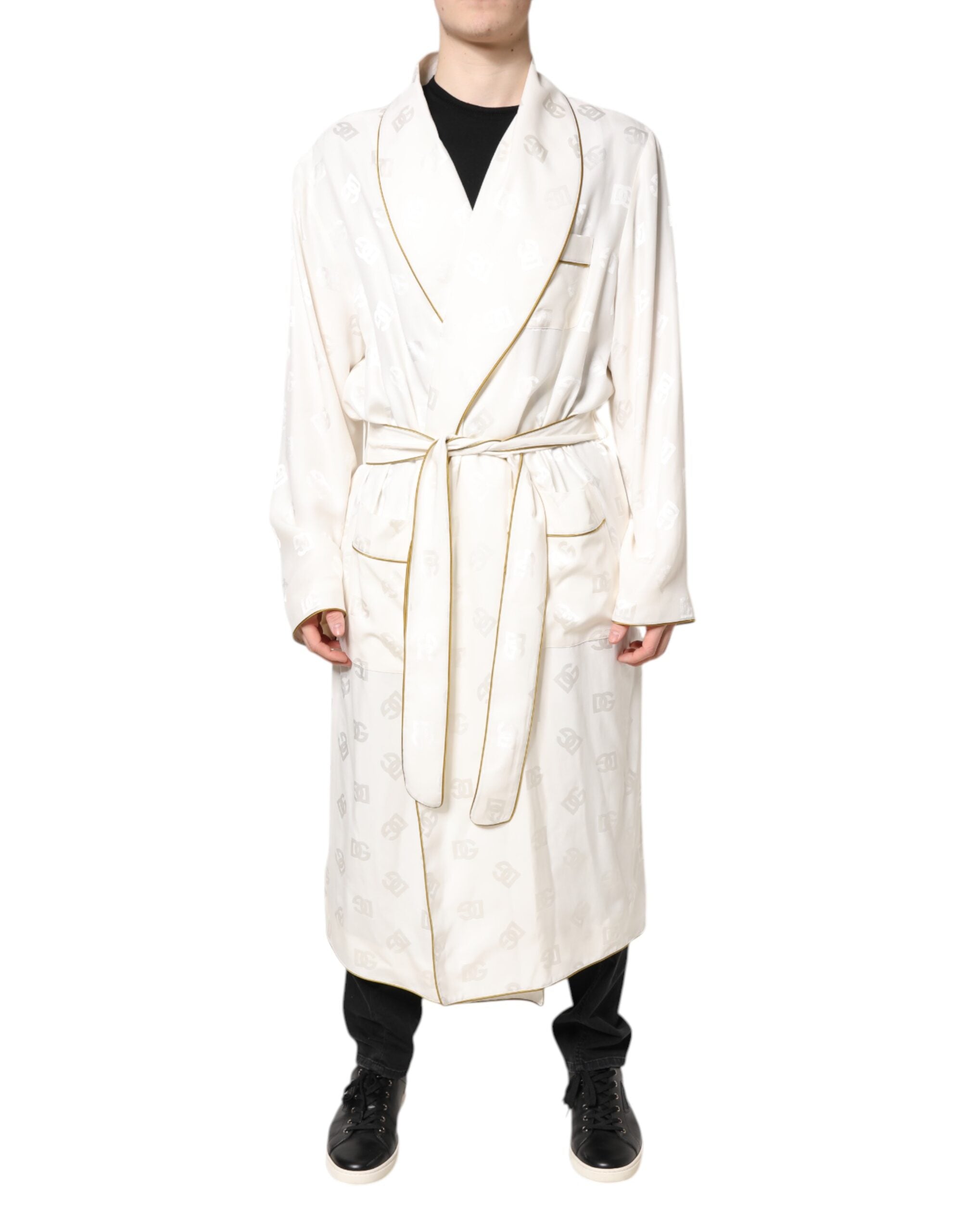 Dolce & Gabbana Elfenbeinfarbene Seide Logo Männer Wickelmantel Jacke